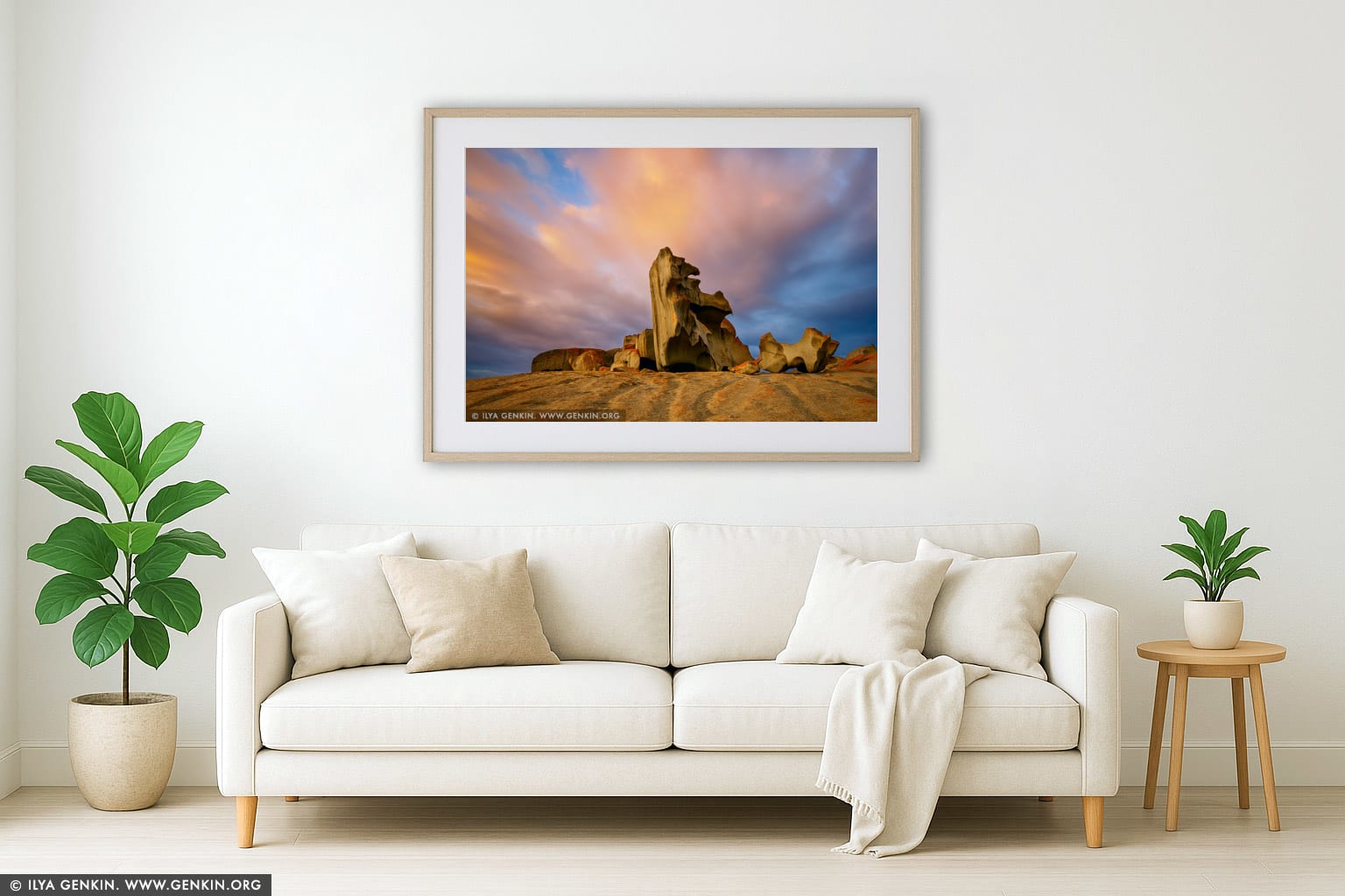The Remarkable Rocks at Sunrise wall art in a modern living room interior