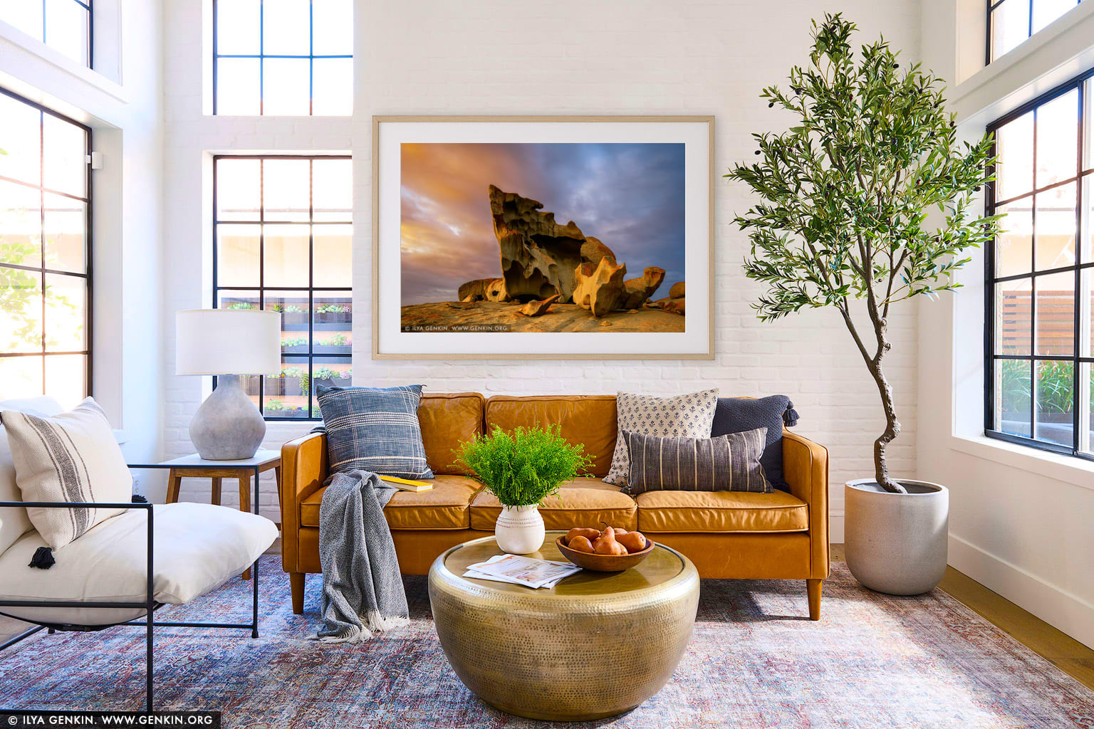 Dramatic Sunrise at The Remarkable Rocks wall art in a luxury living room interior