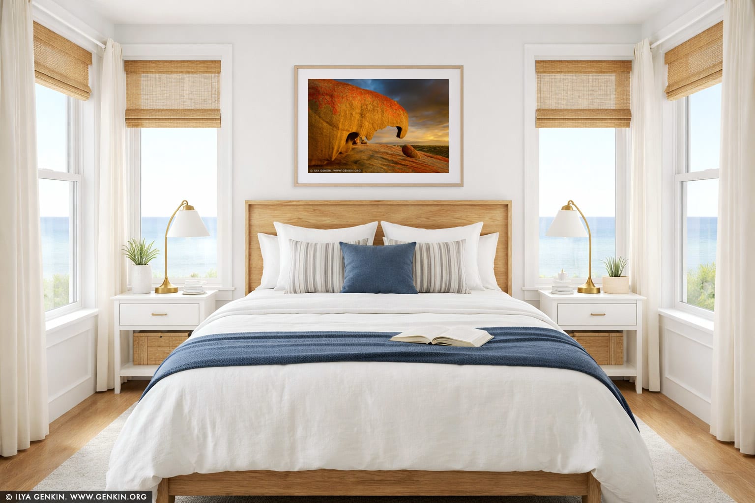 The Remarkable Rocks at Dawn wall art in a bedroom interior