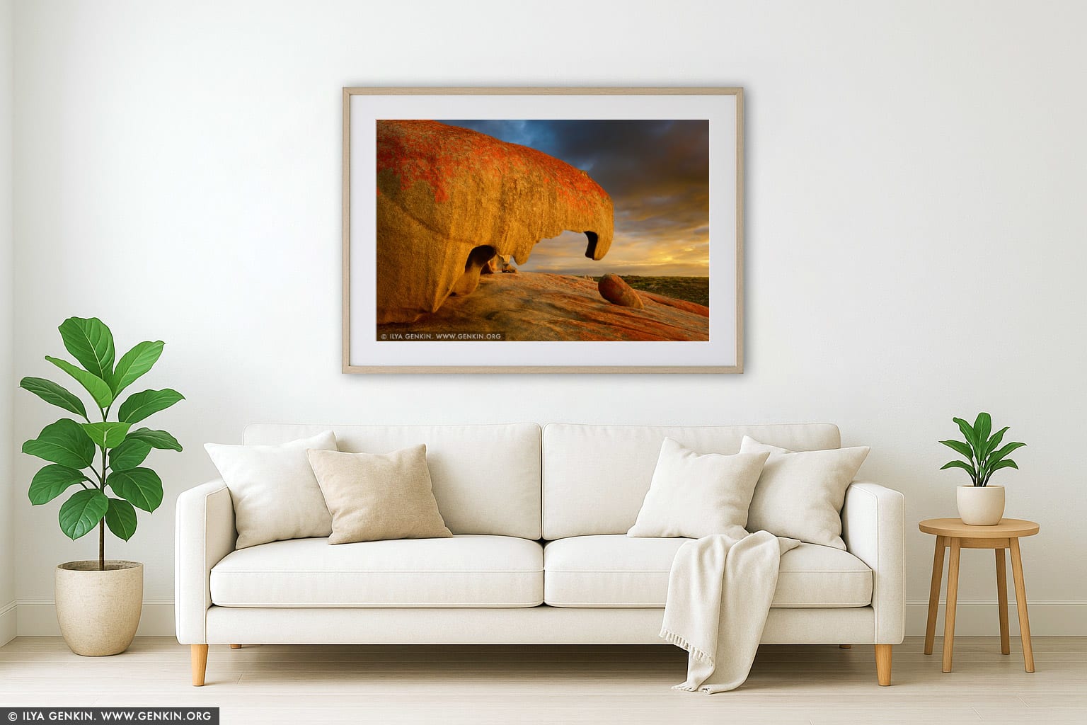 The Remarkable Rocks at Dawn wall art in a modern living room interior