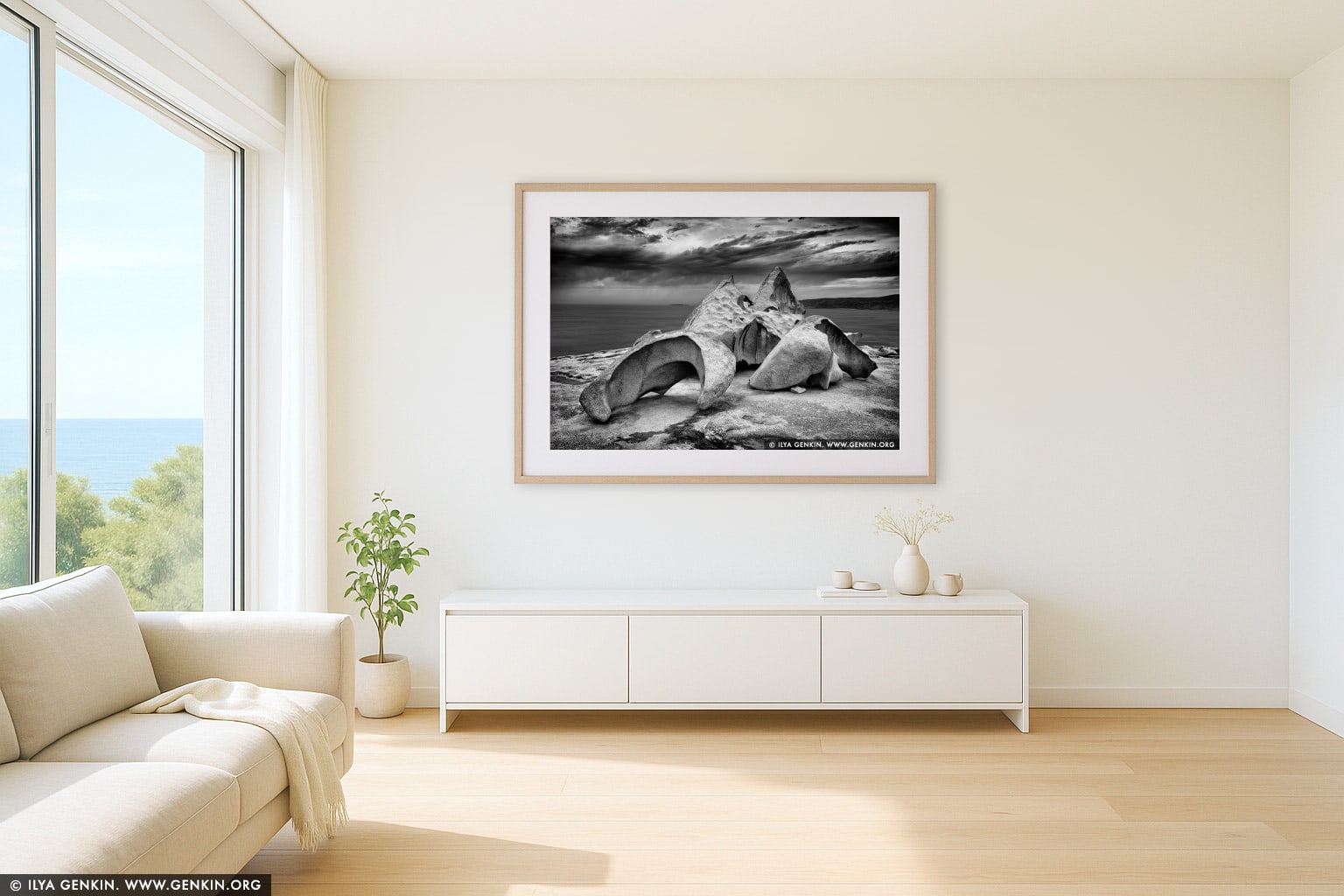 The Remarkable Rocks in Black and White wall art in a contemporary living room interior