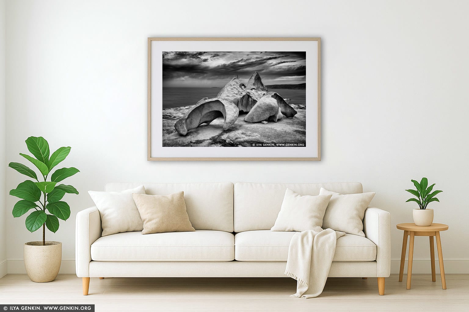 The Remarkable Rocks in Black and White wall art in a modern living room interior