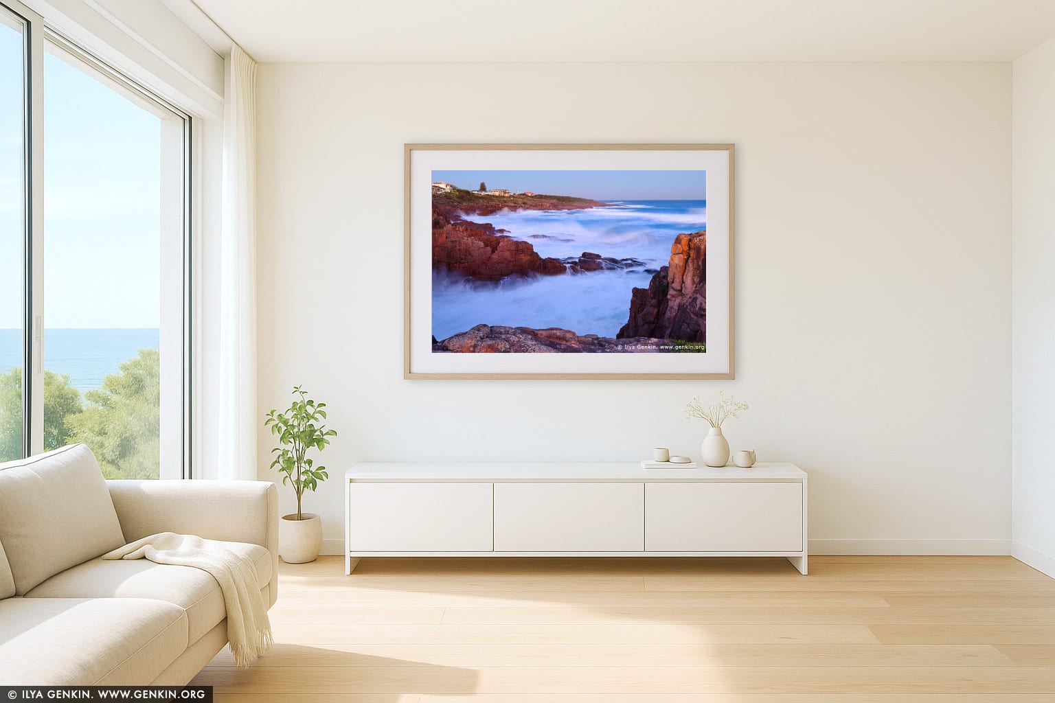 Fishermans Bay at Twilight wall art in a contemporary living room interior