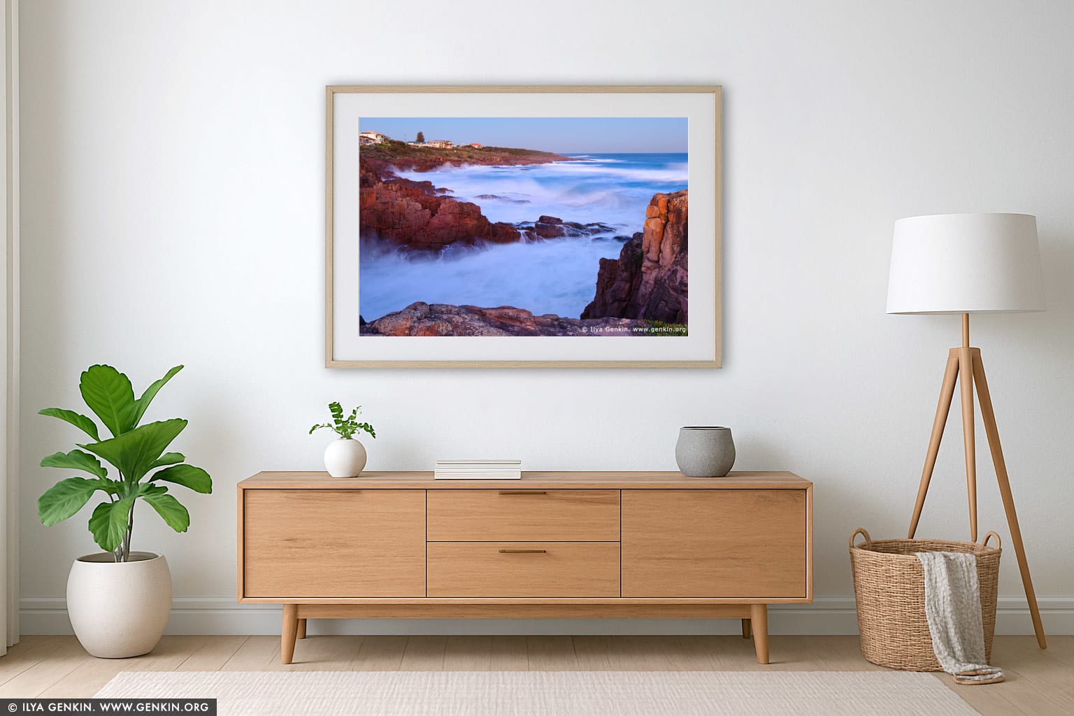 Fishermans Bay at Twilight wall art in a minimalist living room interior