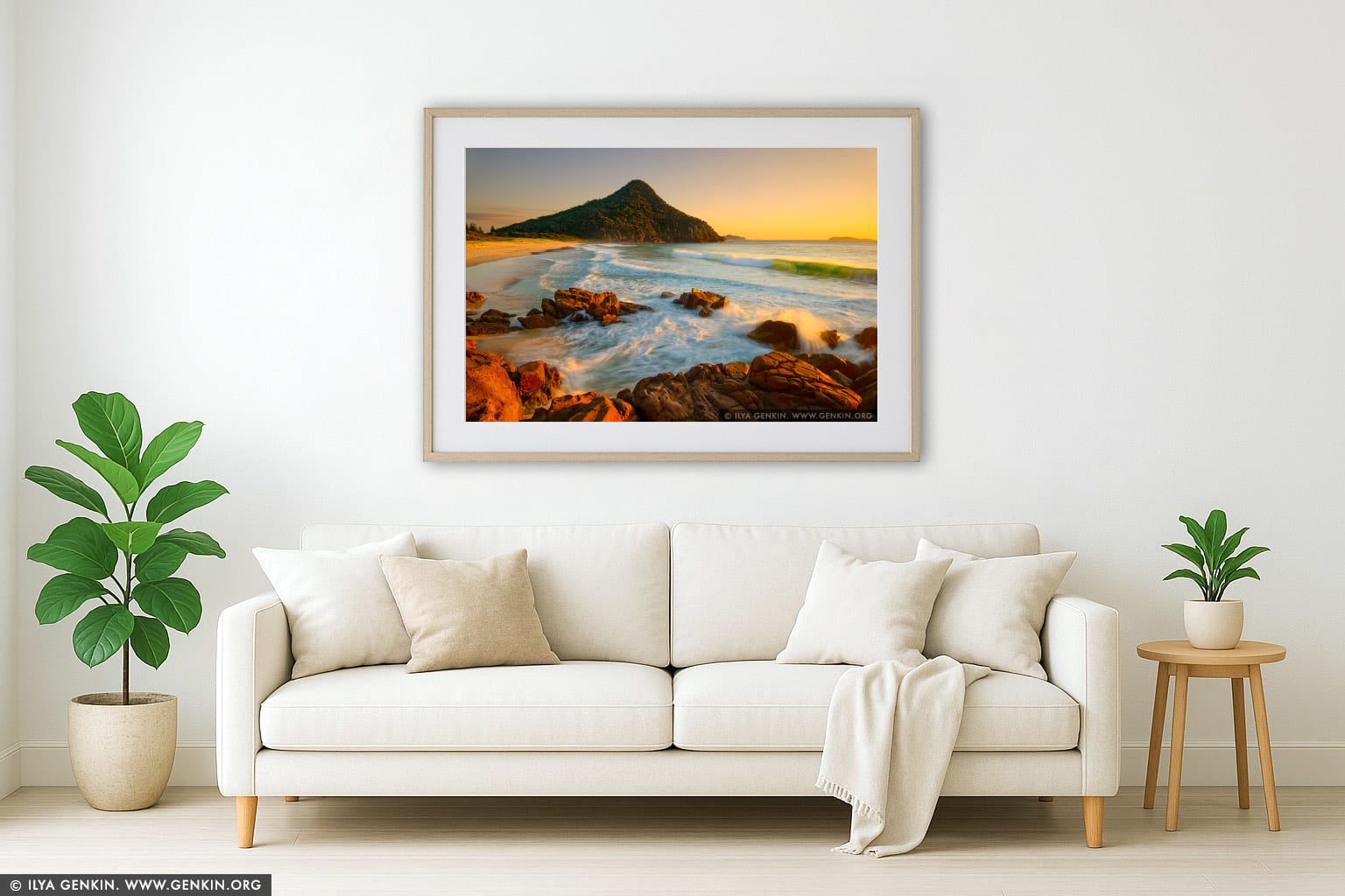 Zenith Beach at Sunrise wall art in a modern living room interior