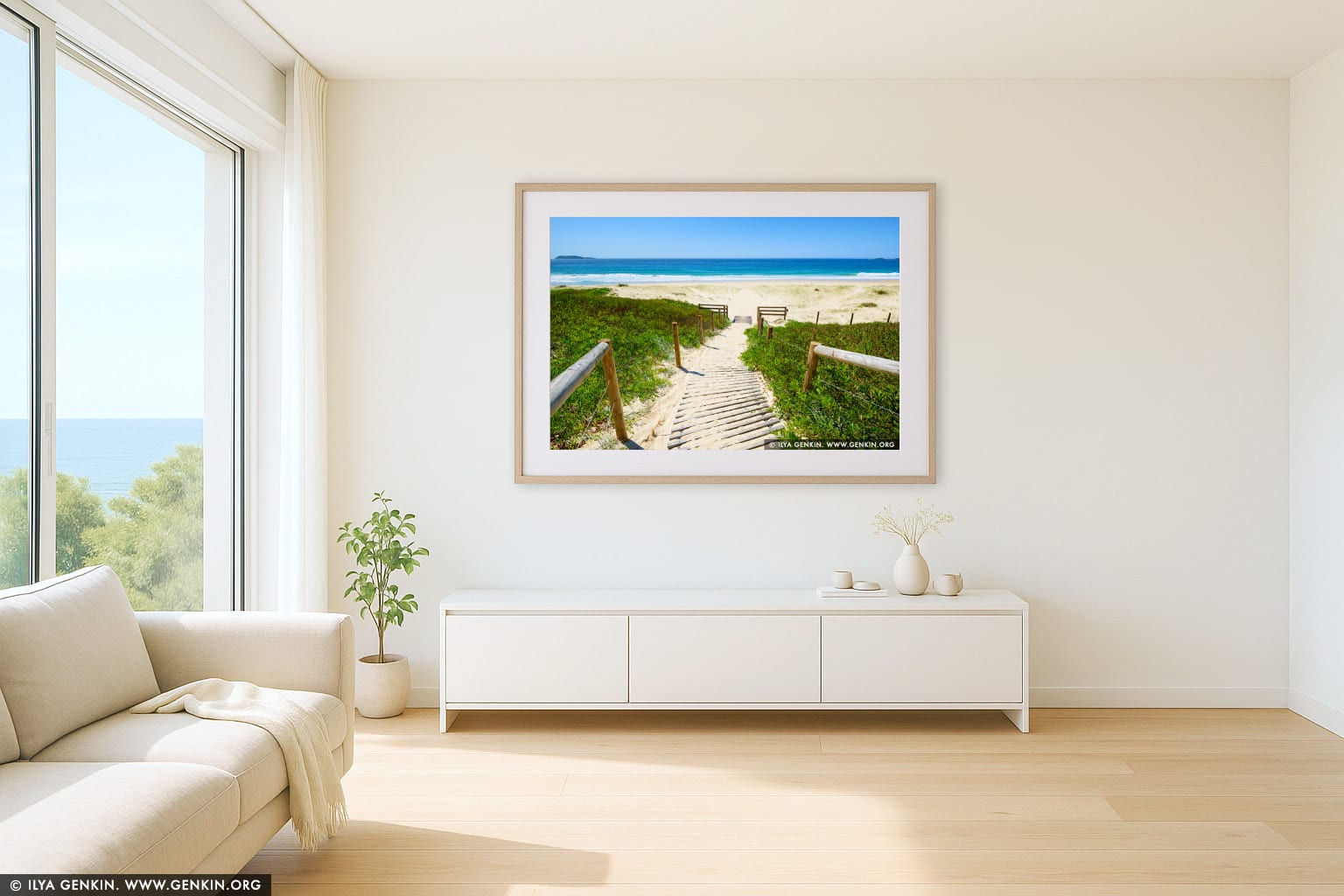Zenith Beach on a Sunny Day wall art in a minimalist living room interior