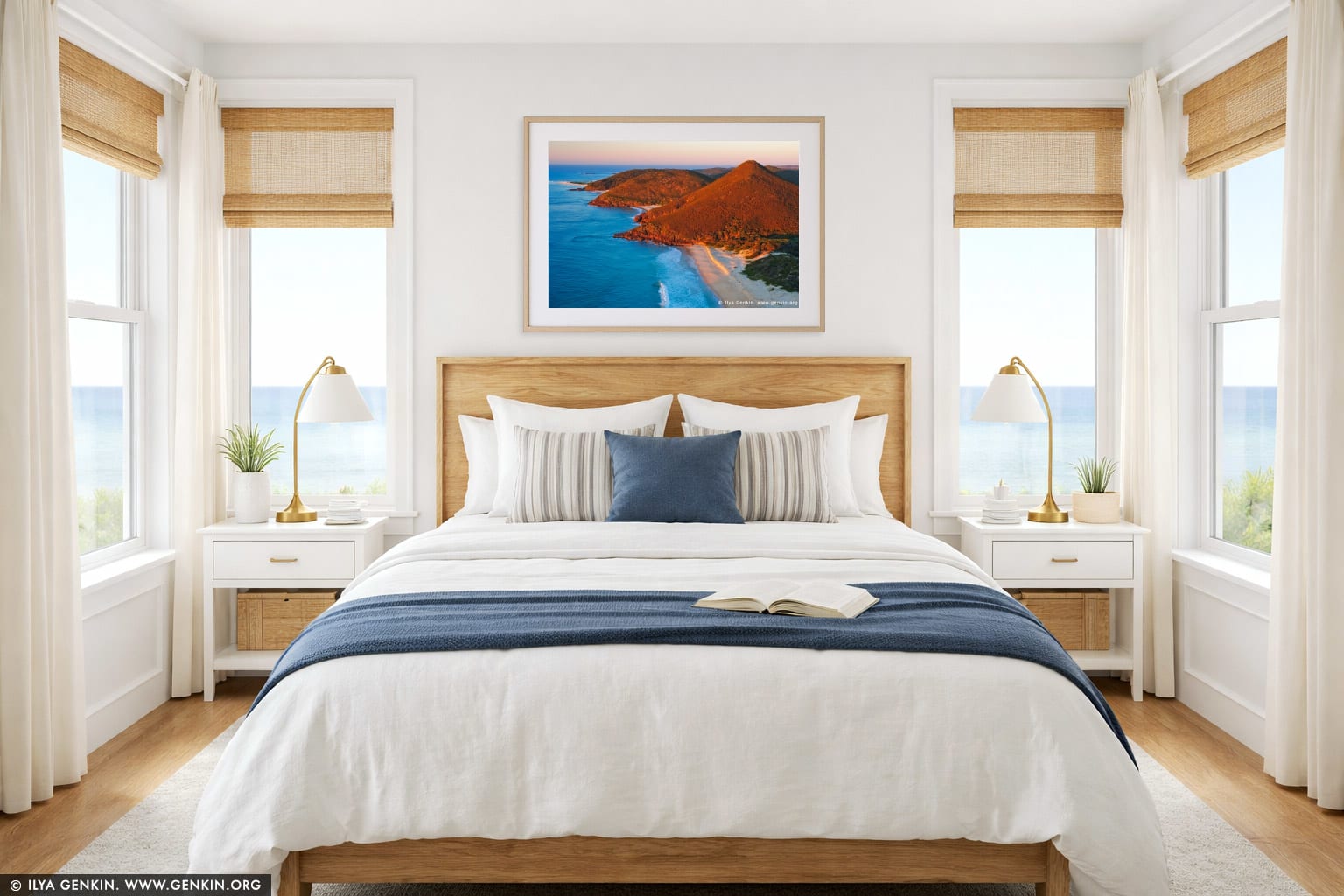 Zenith Beach at Sunrise wall art in a bedroom interior