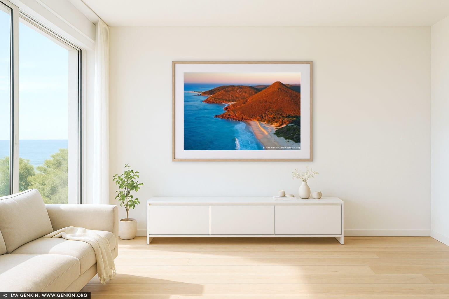 Zenith Beach at Sunrise wall art in a contemporary living room interior
