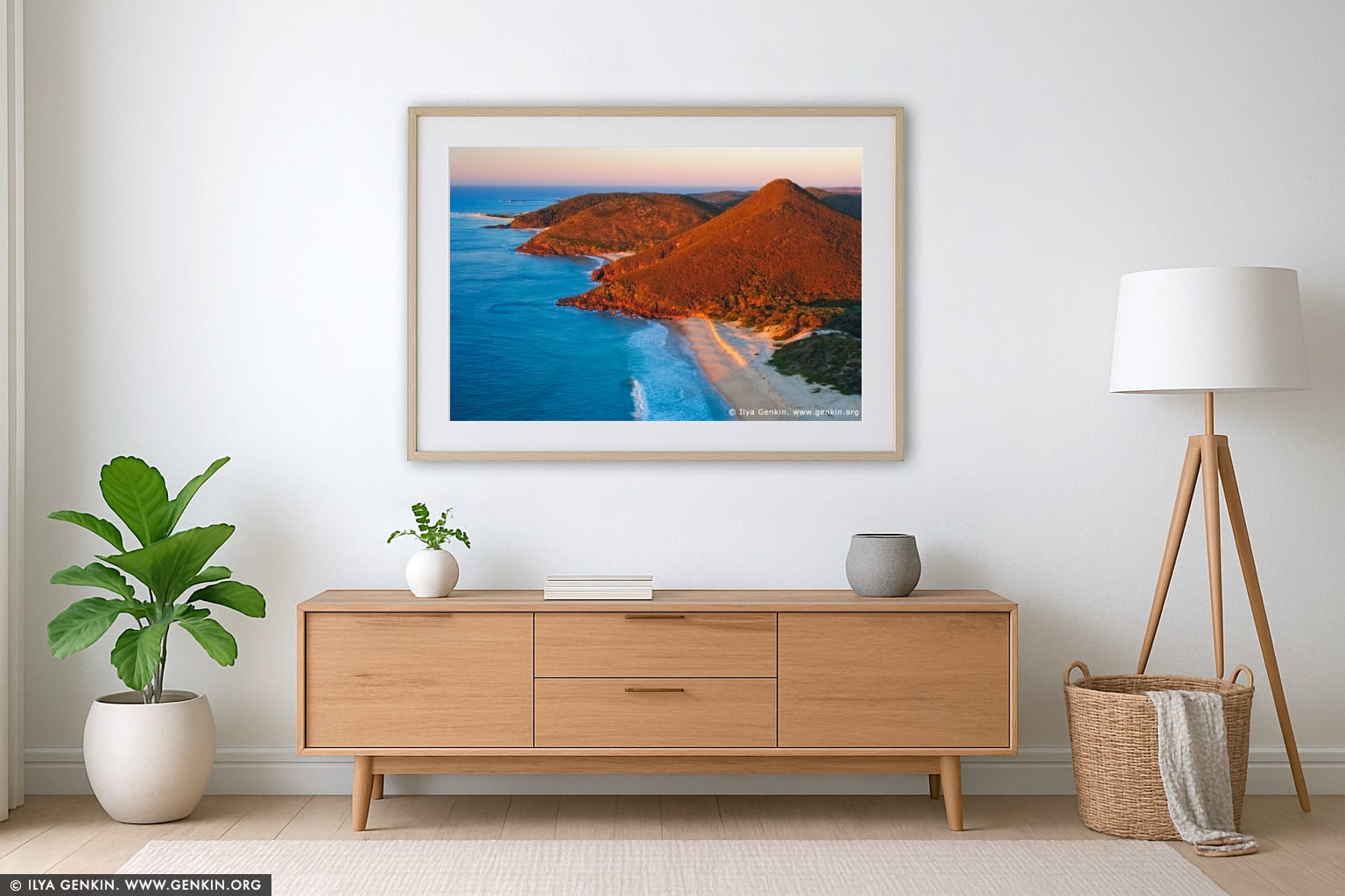 Zenith Beach at Sunrise wall art in a minimalist living room interior