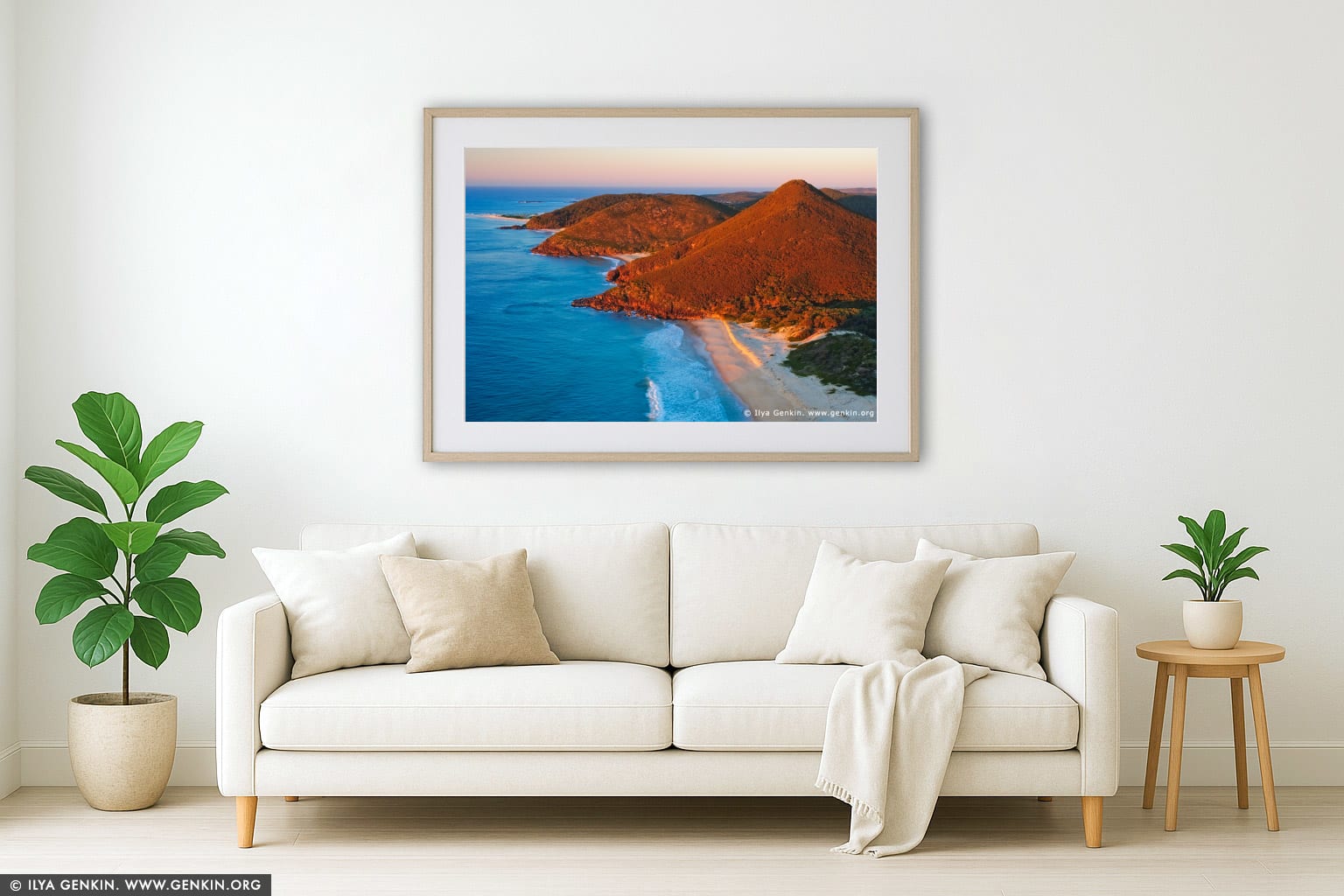 Zenith Beach at Sunrise wall art in a modern living room interior