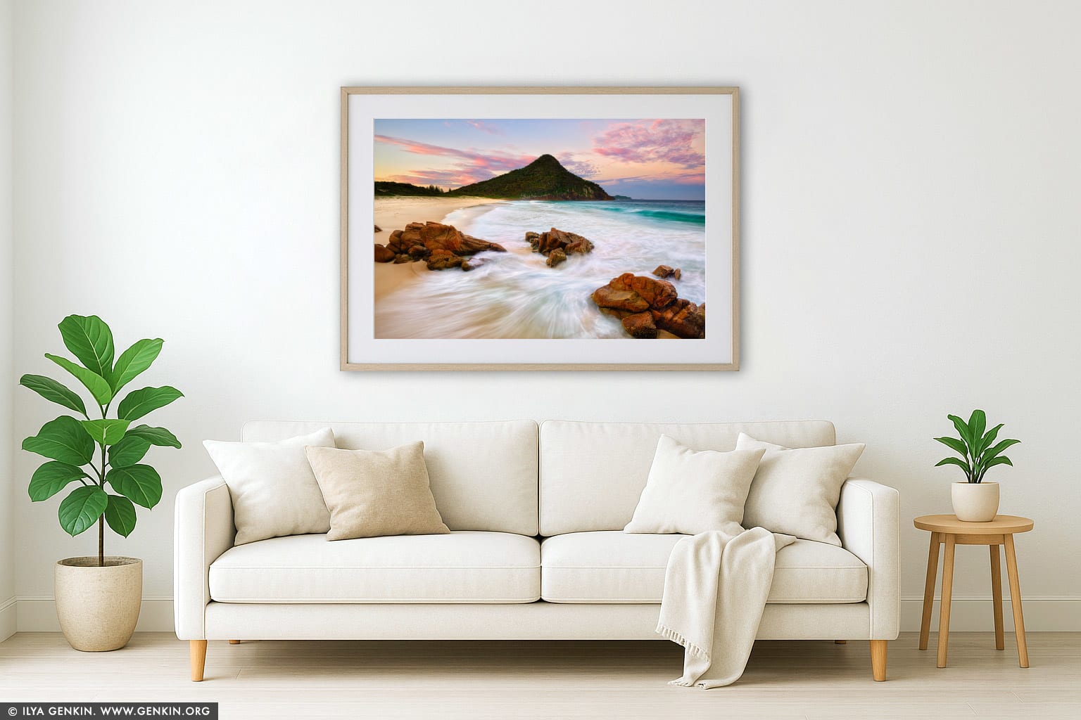 Sunset over Zenith Beach wall art in a contemporary living room interior