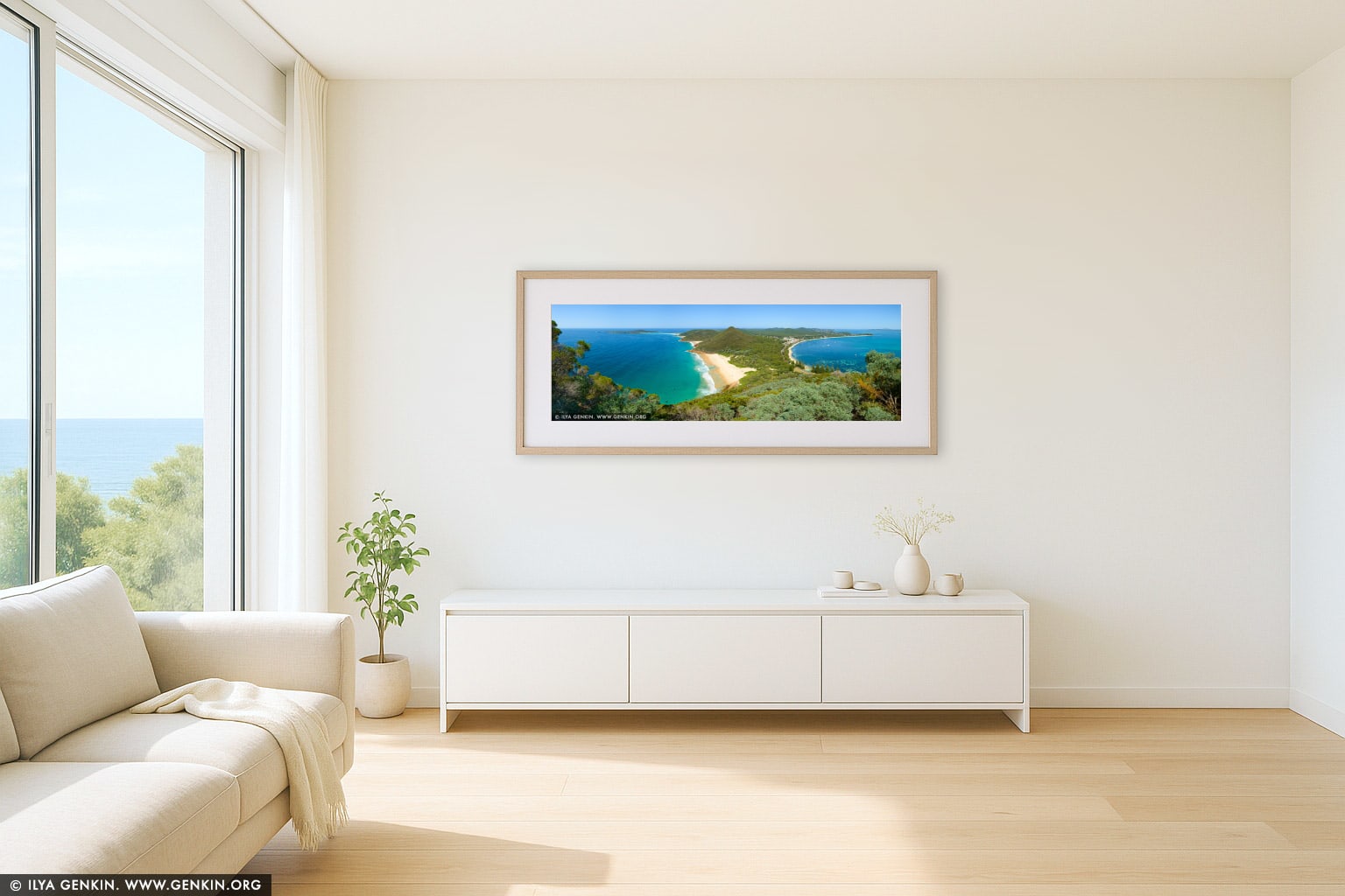 Zenith Beach and Shoal Bay Panorama wall art in a luxury living room interior