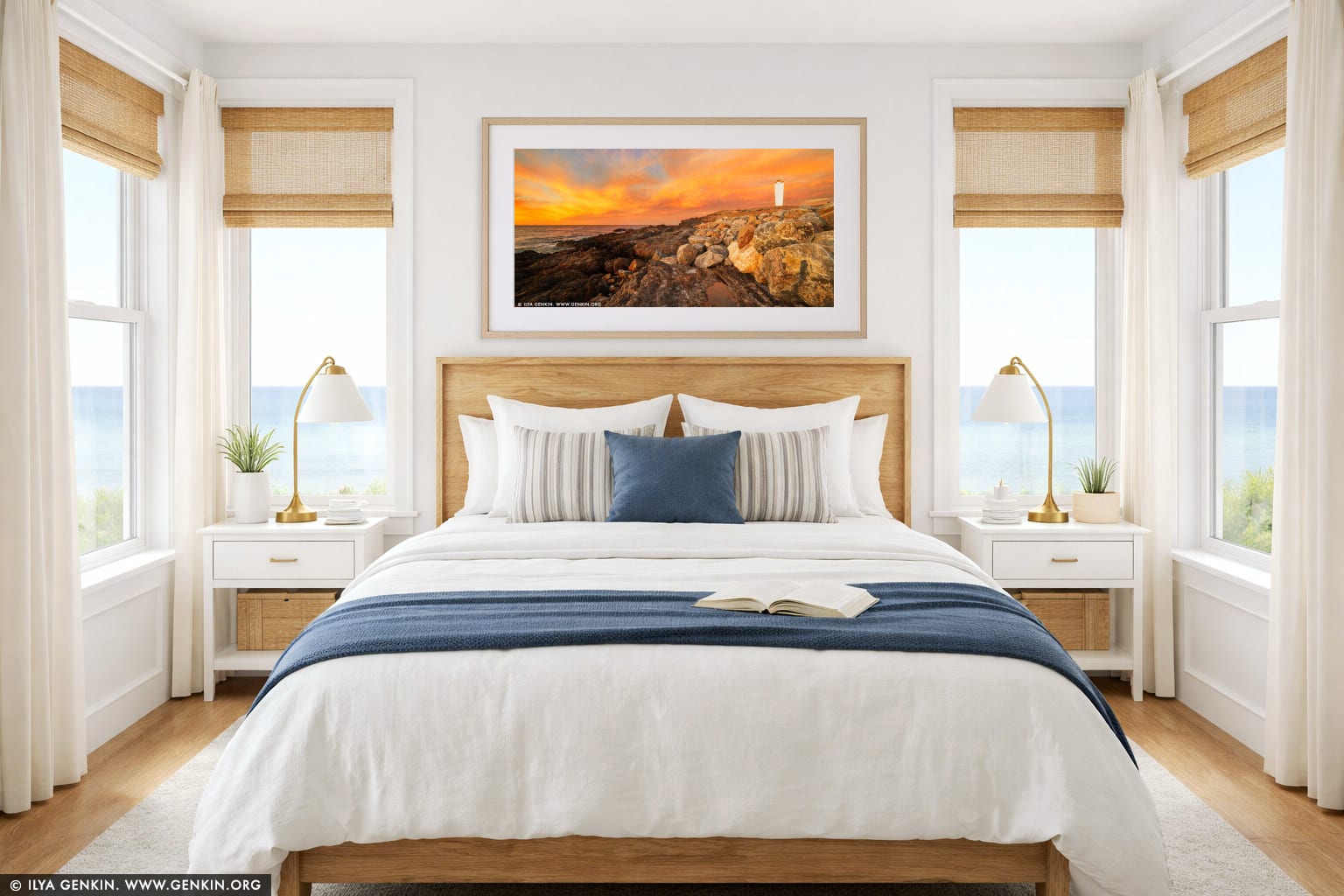Cape Jervis Lighthouse at Sunset wall art in a bedroom interior
