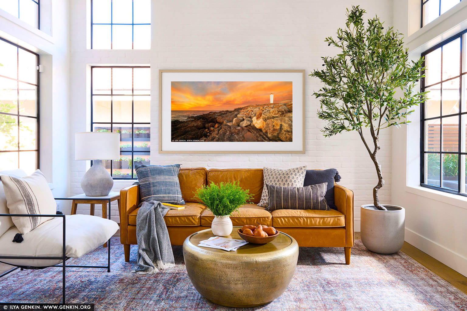 Cape Jervis Lighthouse at Sunset wall art in a contemporary living room interior