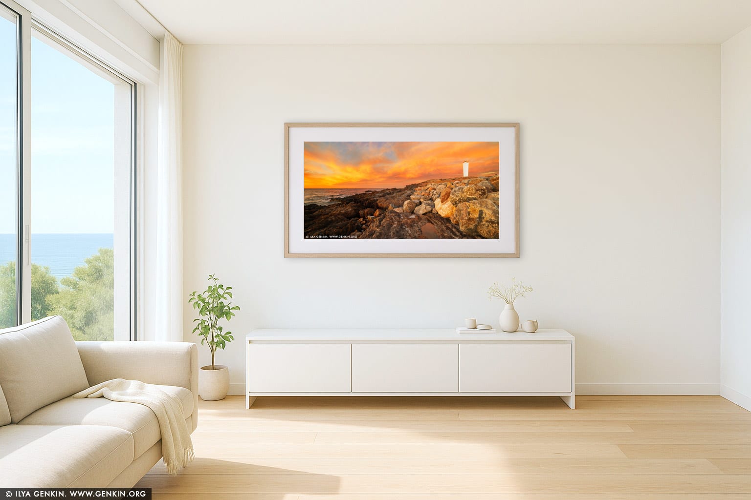 Cape Jervis Lighthouse at Sunset wall art in a contemporary living room interior