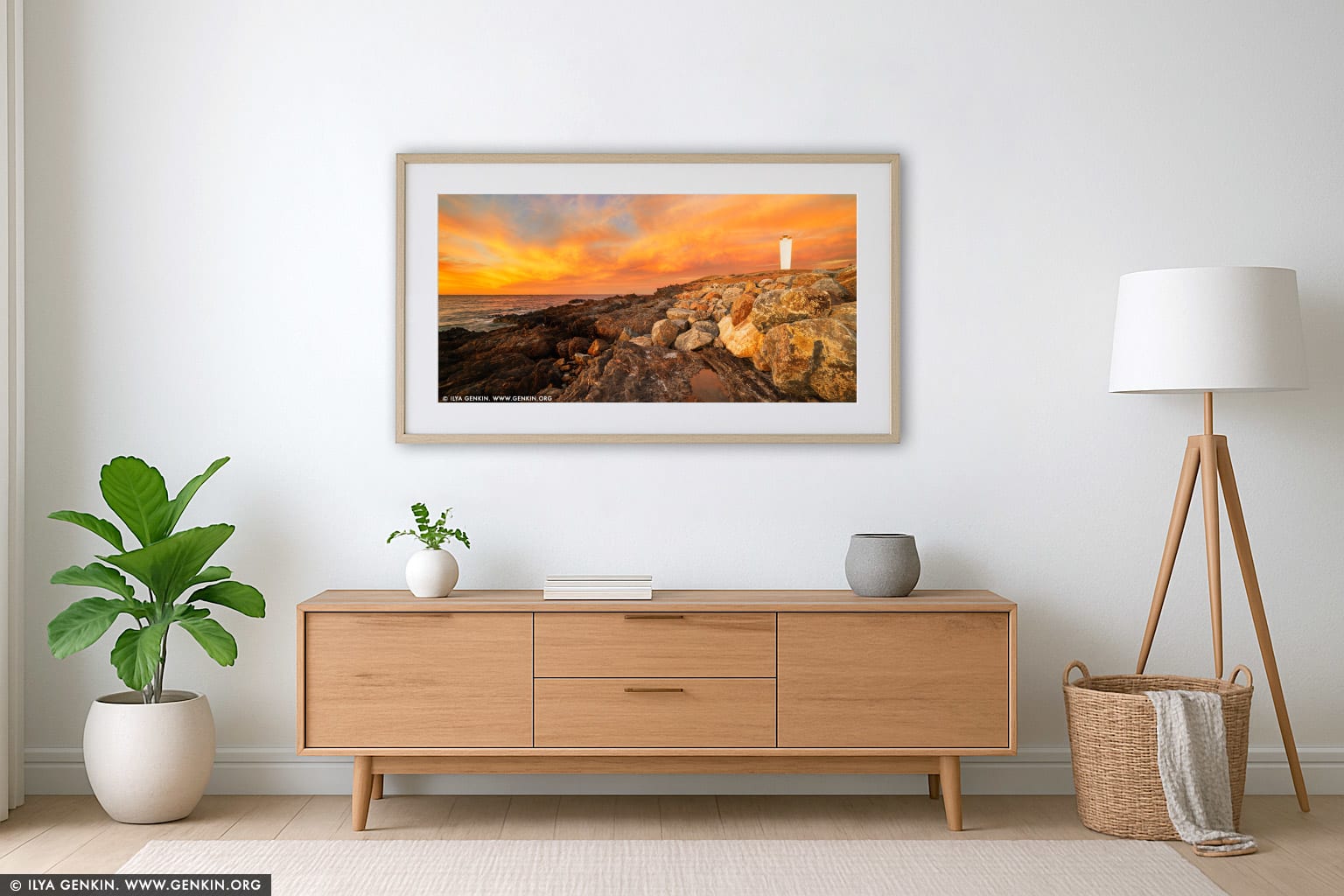 Cape Jervis Lighthouse at Sunset wall art in a minimalist living room interior