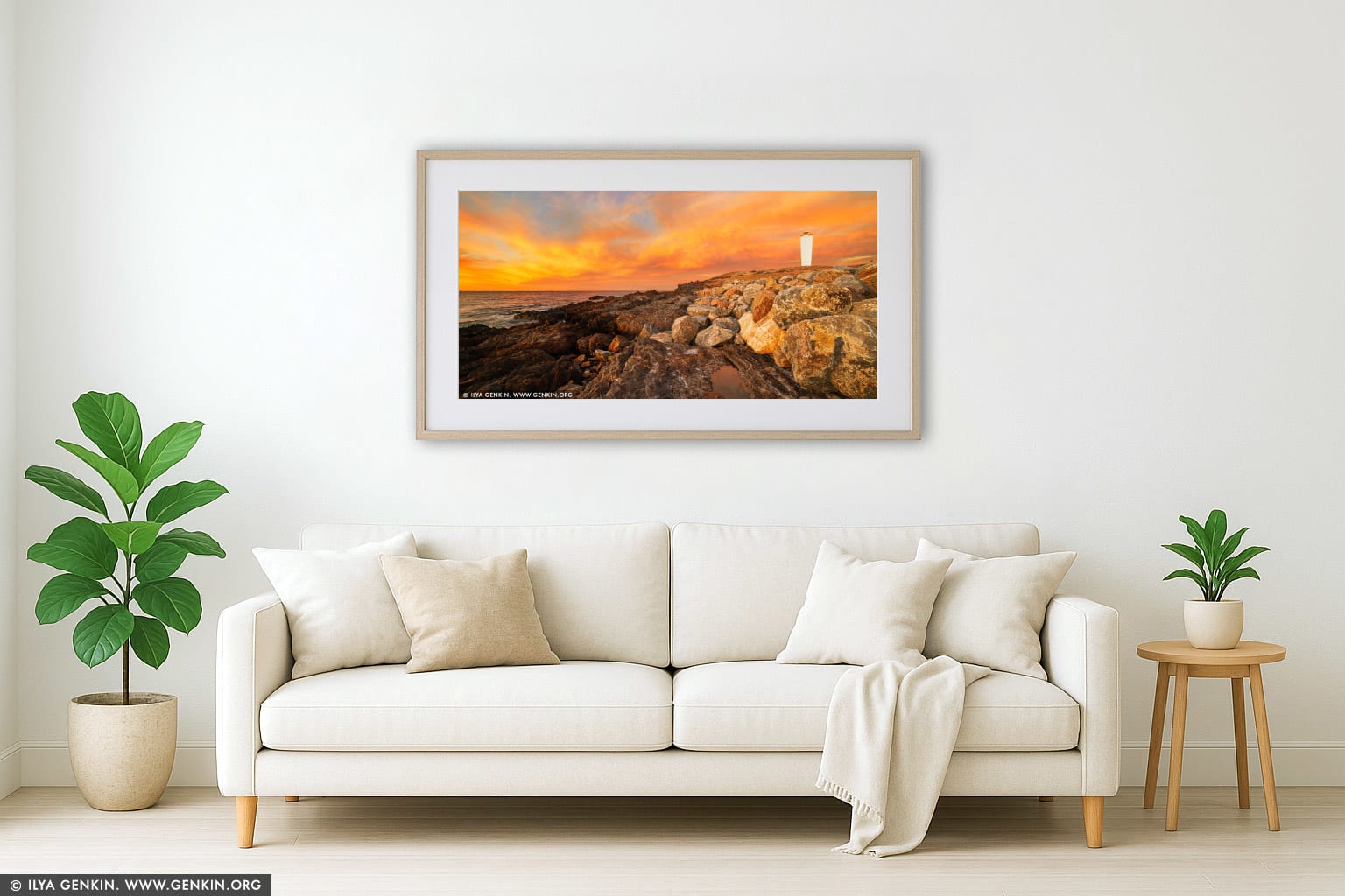 Cape Jervis Lighthouse at Sunset wall art in a modern living room interior