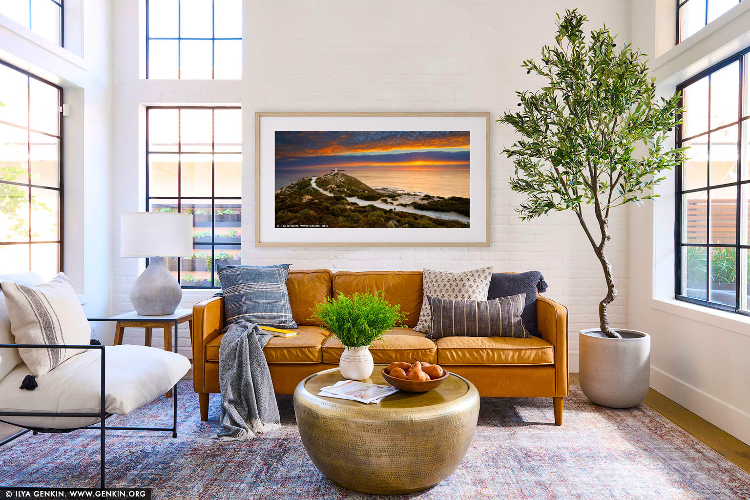 Sunset at Cape Spencer wall art in a contemporary living room interior