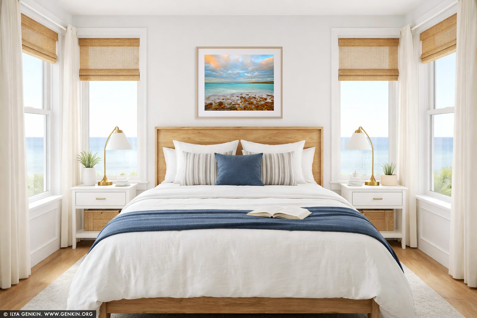 Point Lowly Lighthouse wall art in a bedroom interior