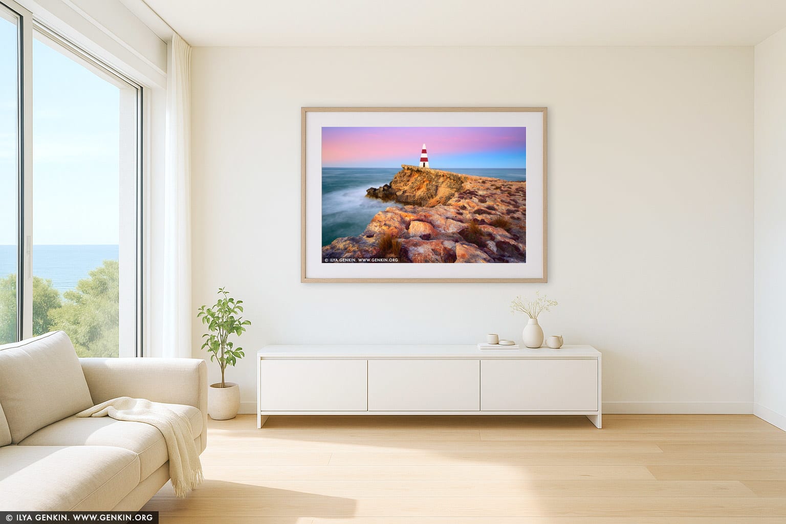 Robe Obelisk at Sunrise wall art in a contemporary living room interior
