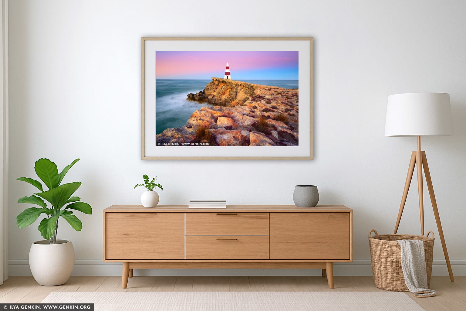 Robe Obelisk at Sunrise wall art in a minimalist living room interior