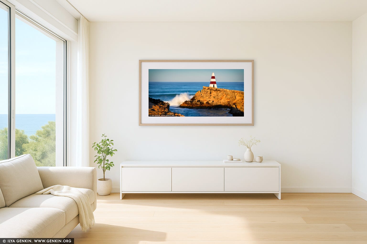 Clash of Elements: Waves Break Beneath the Robe Obelisk wall art in a minimalist living room interior