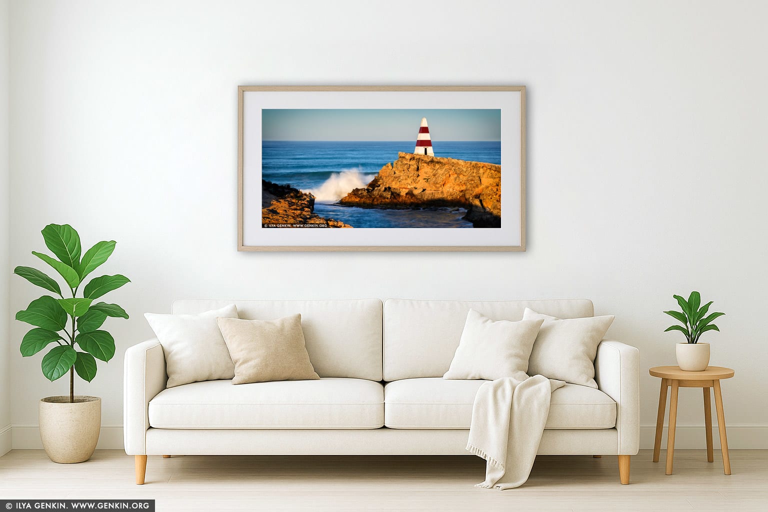 Clash of Elements: Waves Break Beneath the Robe Obelisk wall art in a contemporary living room interior