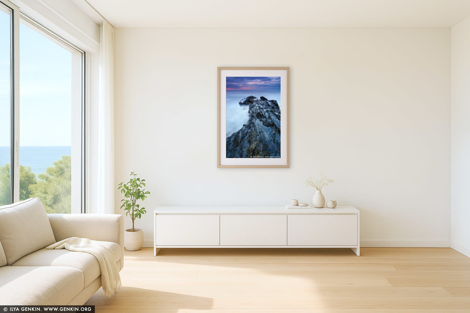 Long Nose Point at Dawn wall art in a minimalist living room interior