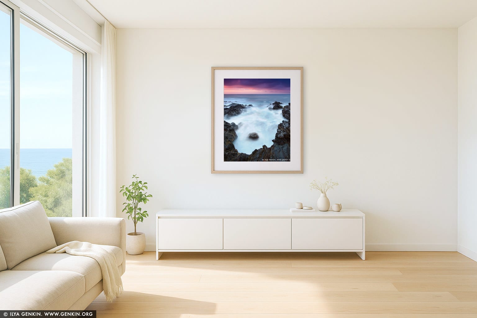 Long Nose Point at Sunrise wall art in a modern living room interior