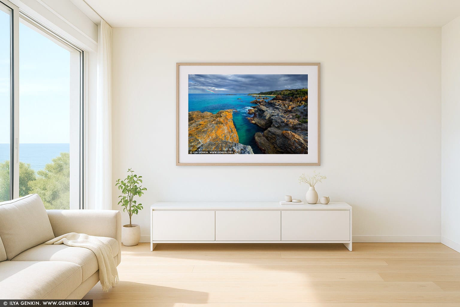 Mystery Bay Coast after Storm wall art in a contemporary living room interior