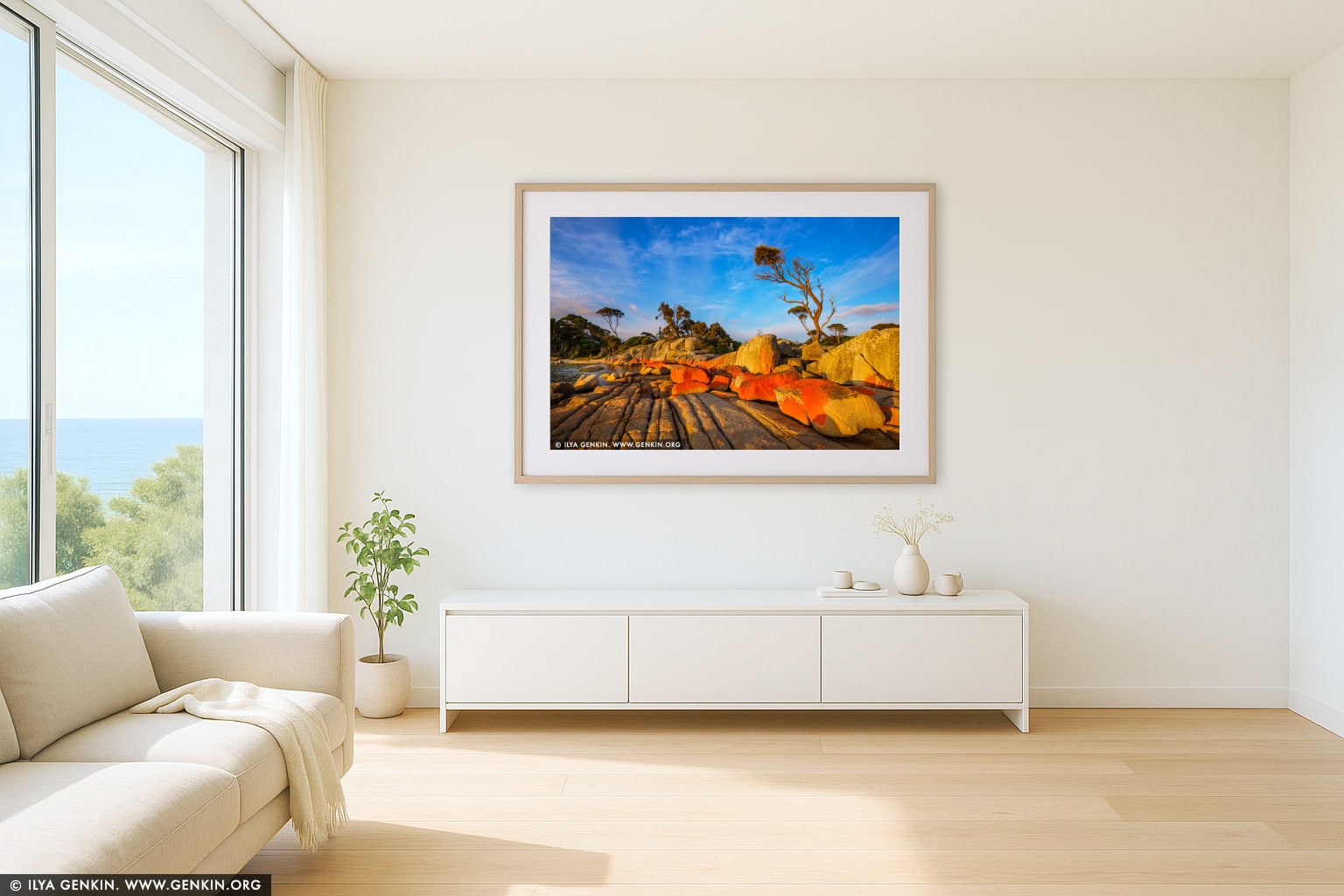 Sunrise at Binalong Bay wall art in a luxury living room interior