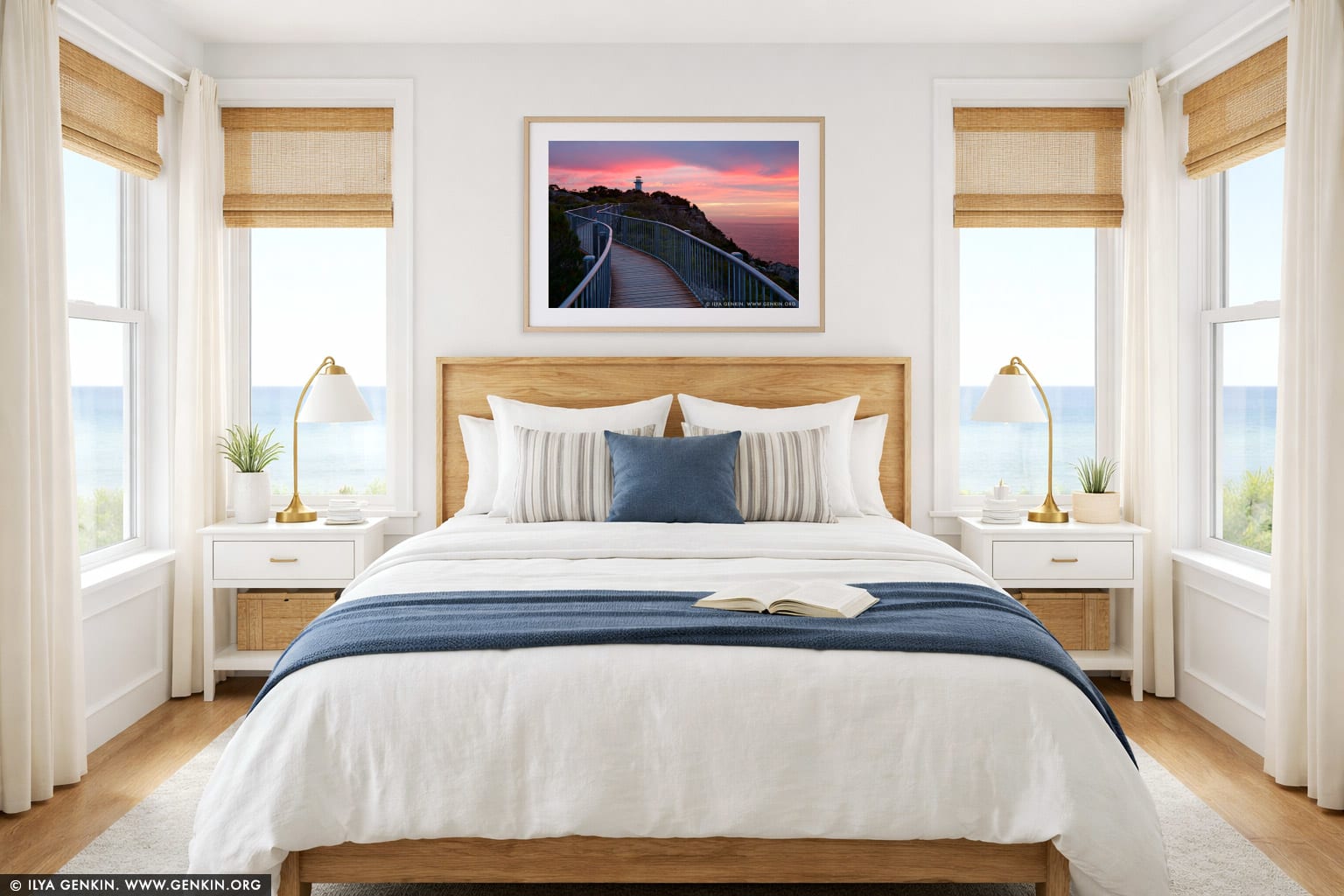 Sunrise at Cape Tourville Lighthouse wall art in a bedroom interior