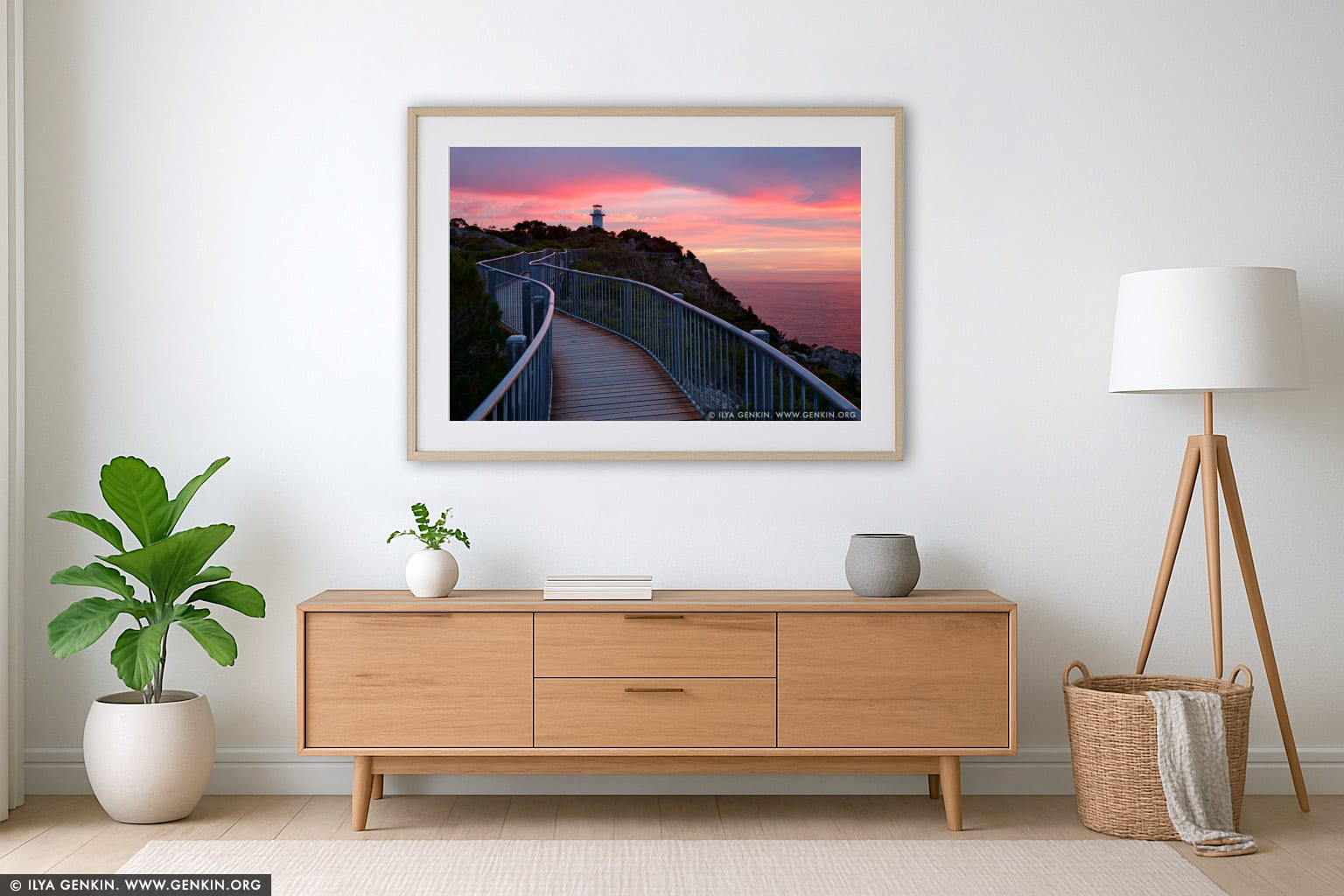 Sunrise at Cape Tourville Lighthouse wall art in a minimalist living room interior