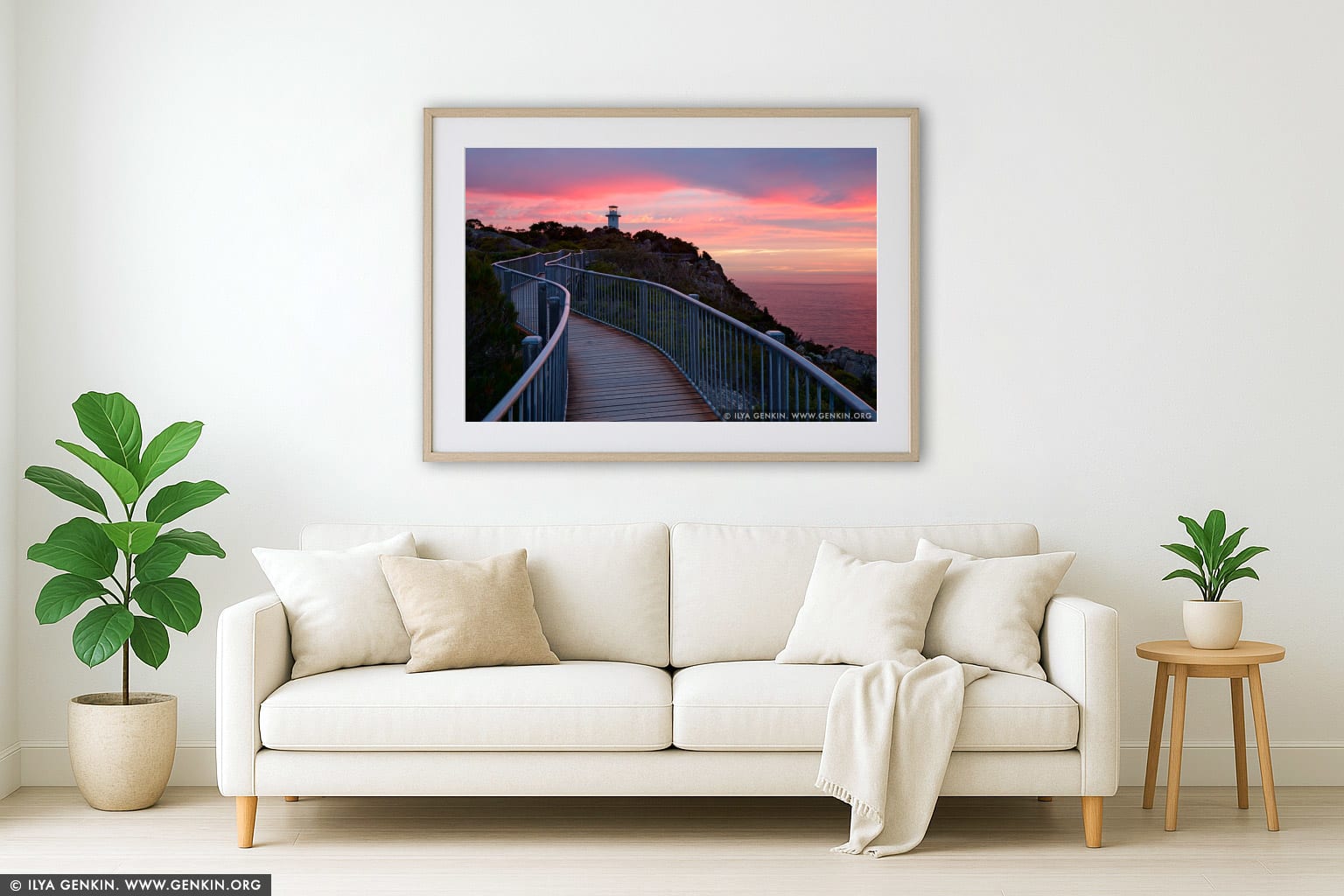 Sunrise at Cape Tourville Lighthouse wall art in a modern living room interior
