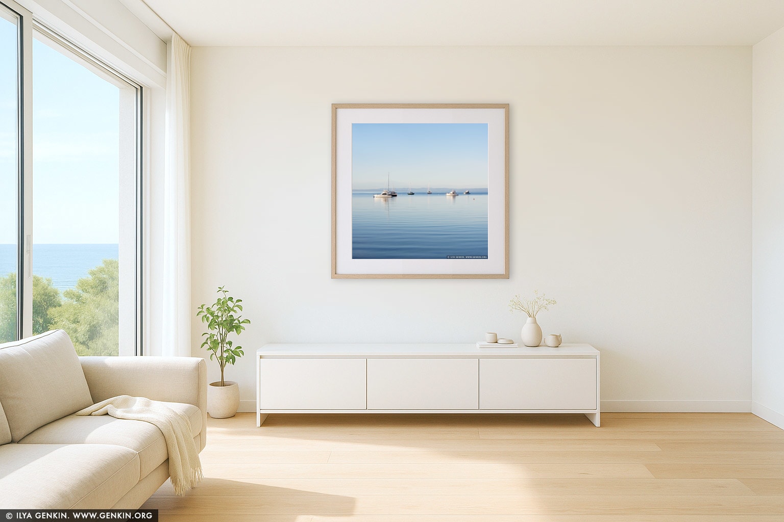 Calm Morning at Coles Bay wall art in a minimalist living room interior