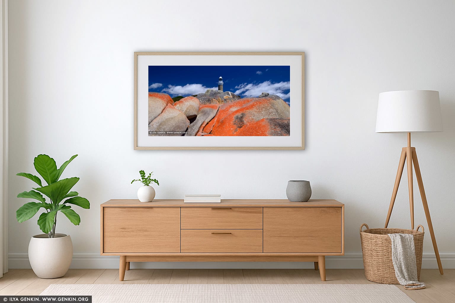 Eddystone Point Lighthouse wall art in a minimalist living room interior
