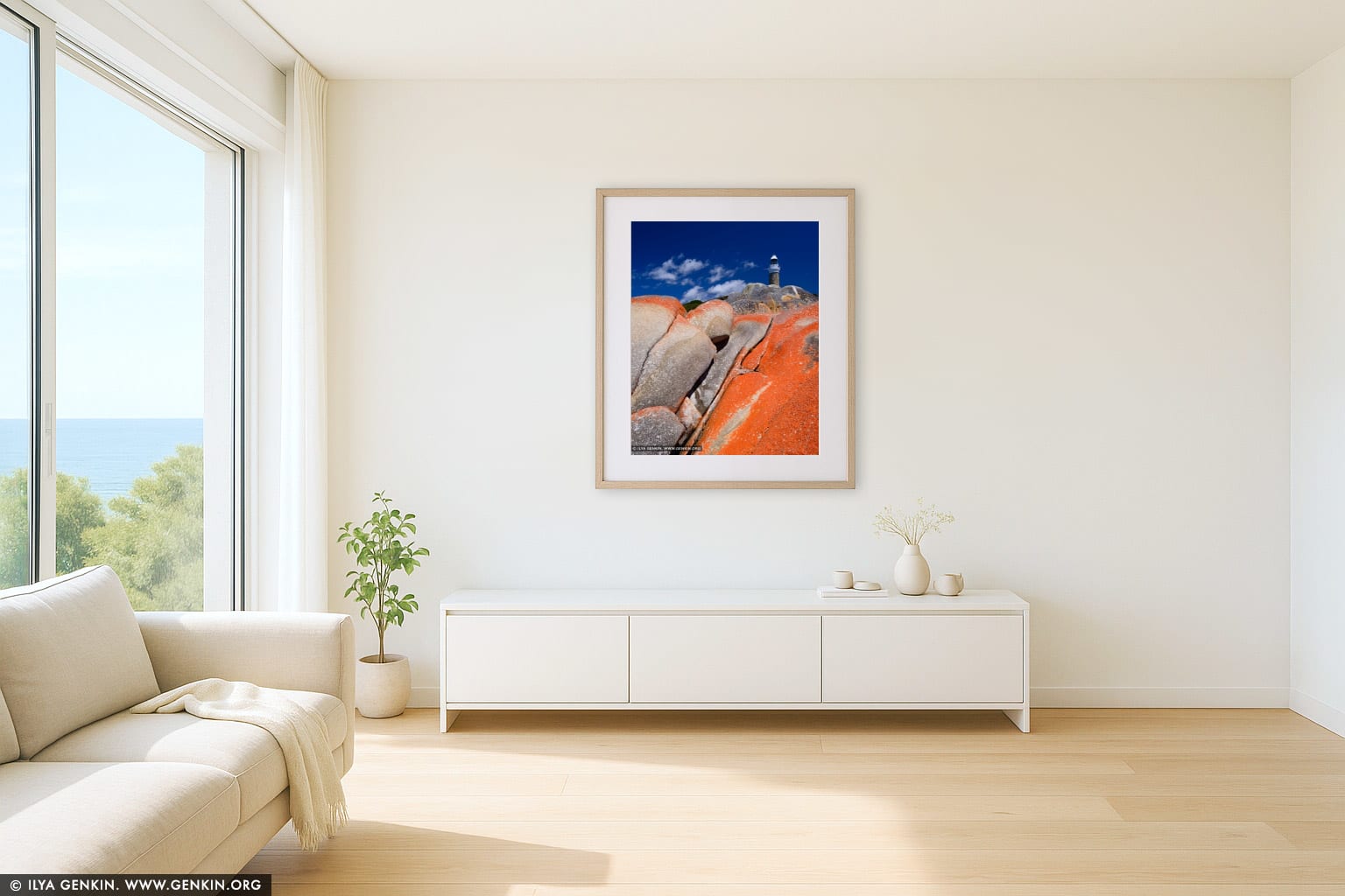 Eddystone Point Lighthouse #2 wall art in a minimalist living room interior
