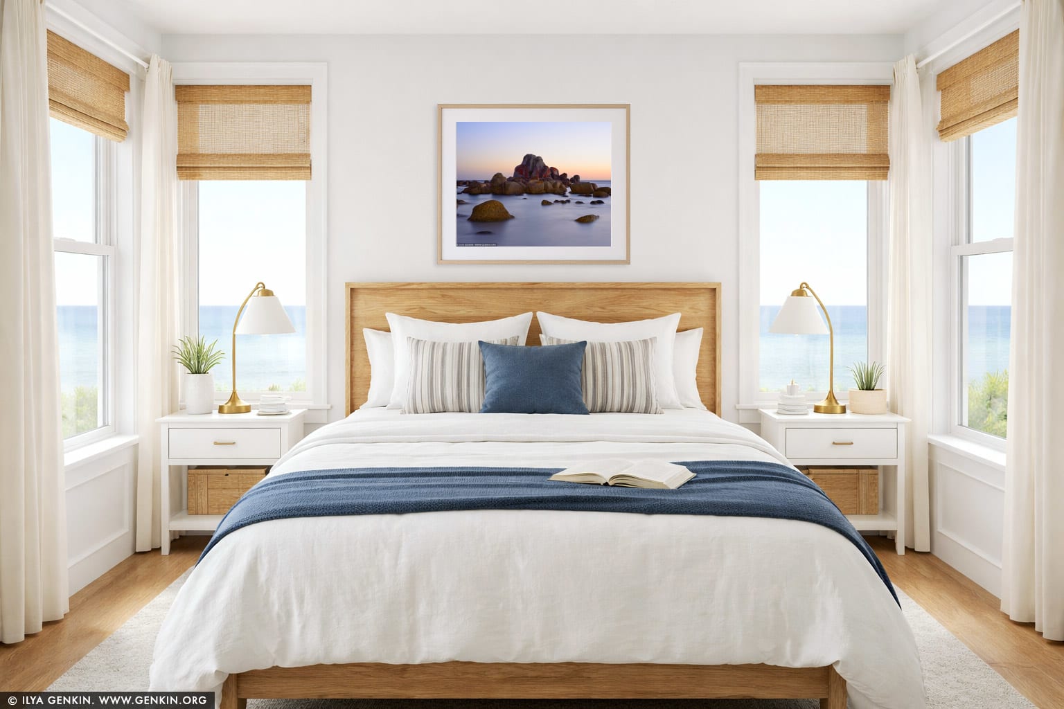 The Picnic Rocks at Sunrise wall art in a bedroom interior