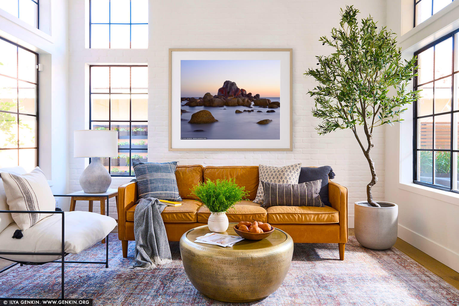 The Picnic Rocks at Sunrise wall art in a contemporary living room interior