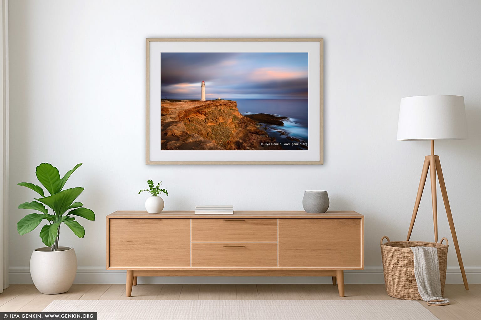 Cape Nelson Lighthouse wall art in a minimalist living room interior