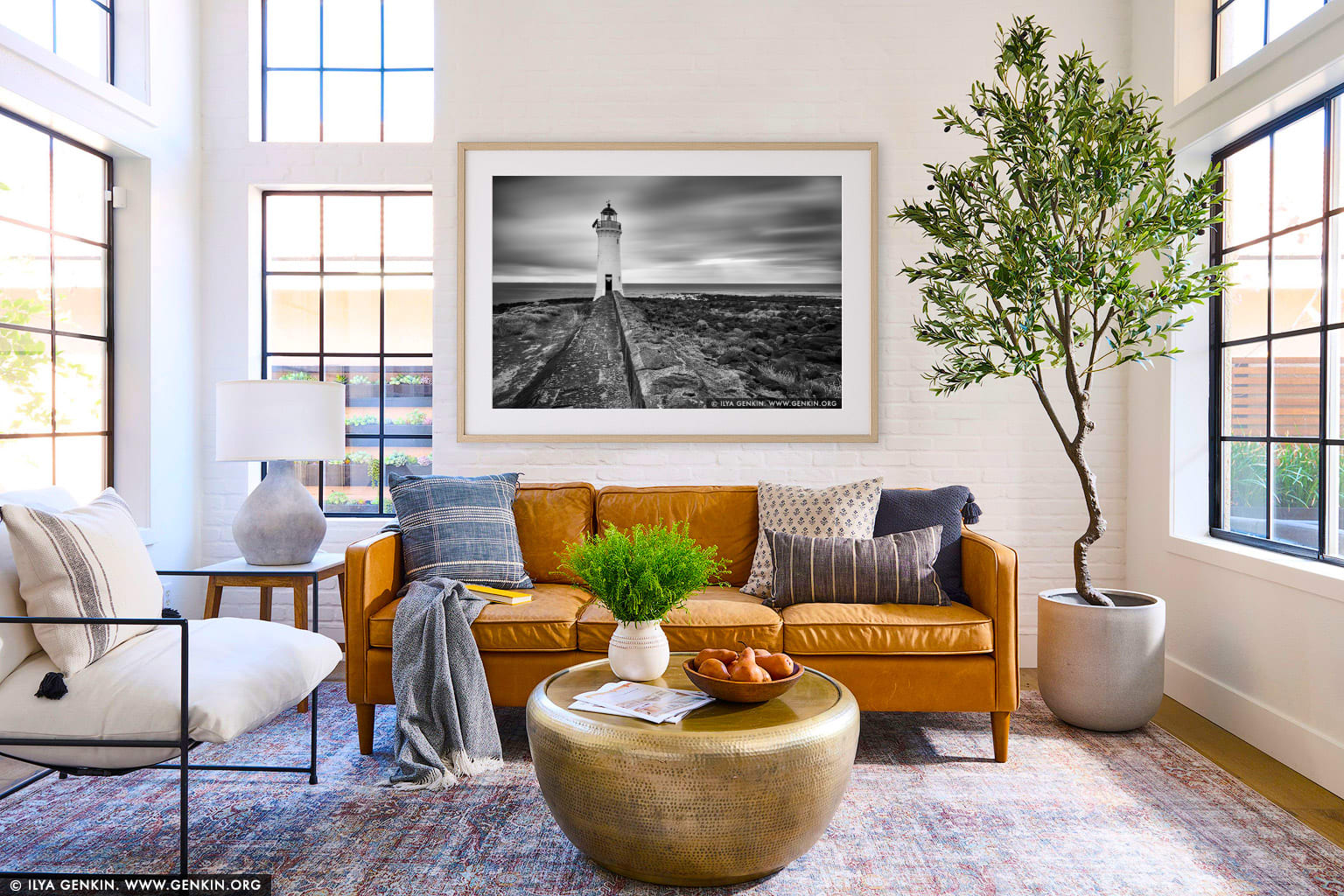 Port Fairy Lighthouse wall art in a contemporary living room interior