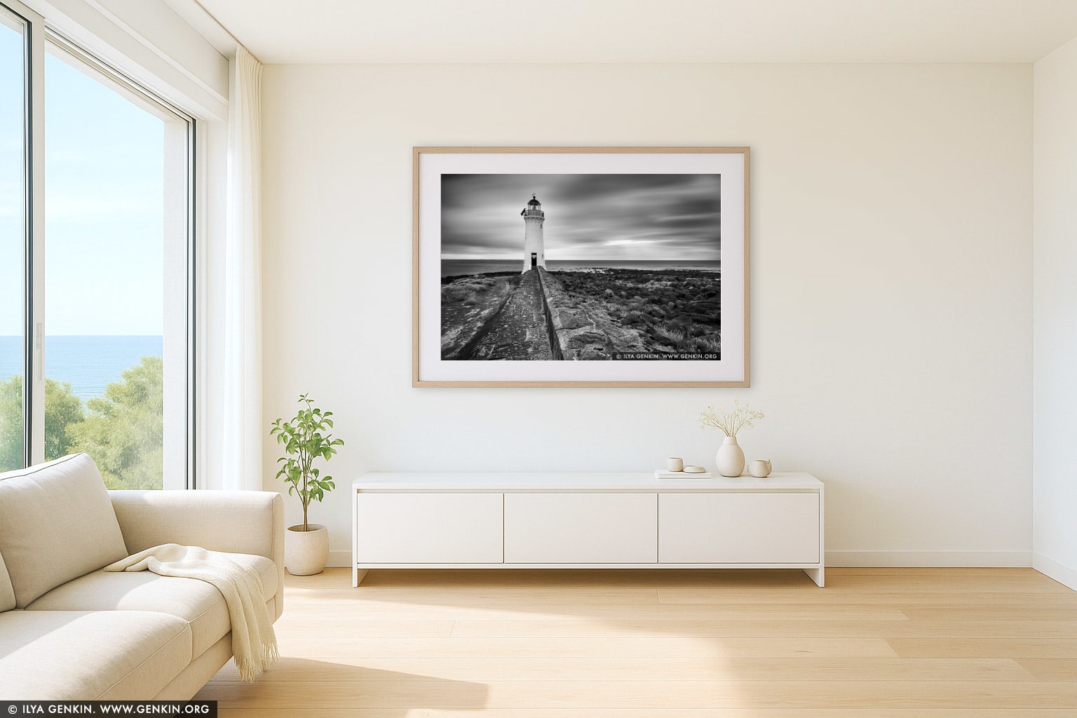 Port Fairy Lighthouse wall art in a contemporary living room interior