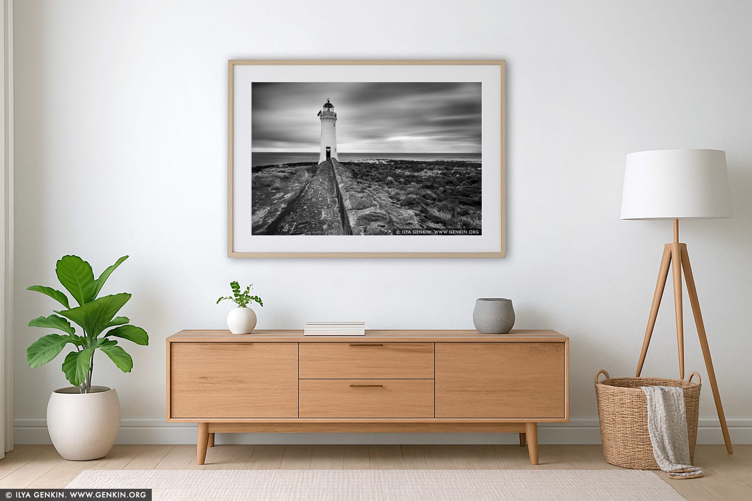 Port Fairy Lighthouse wall art in a minimalist living room interior
