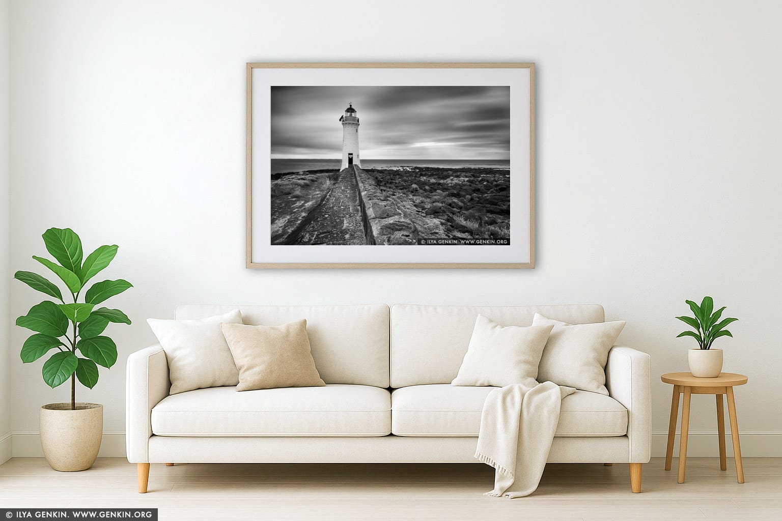 Port Fairy Lighthouse wall art in a modern living room interior
