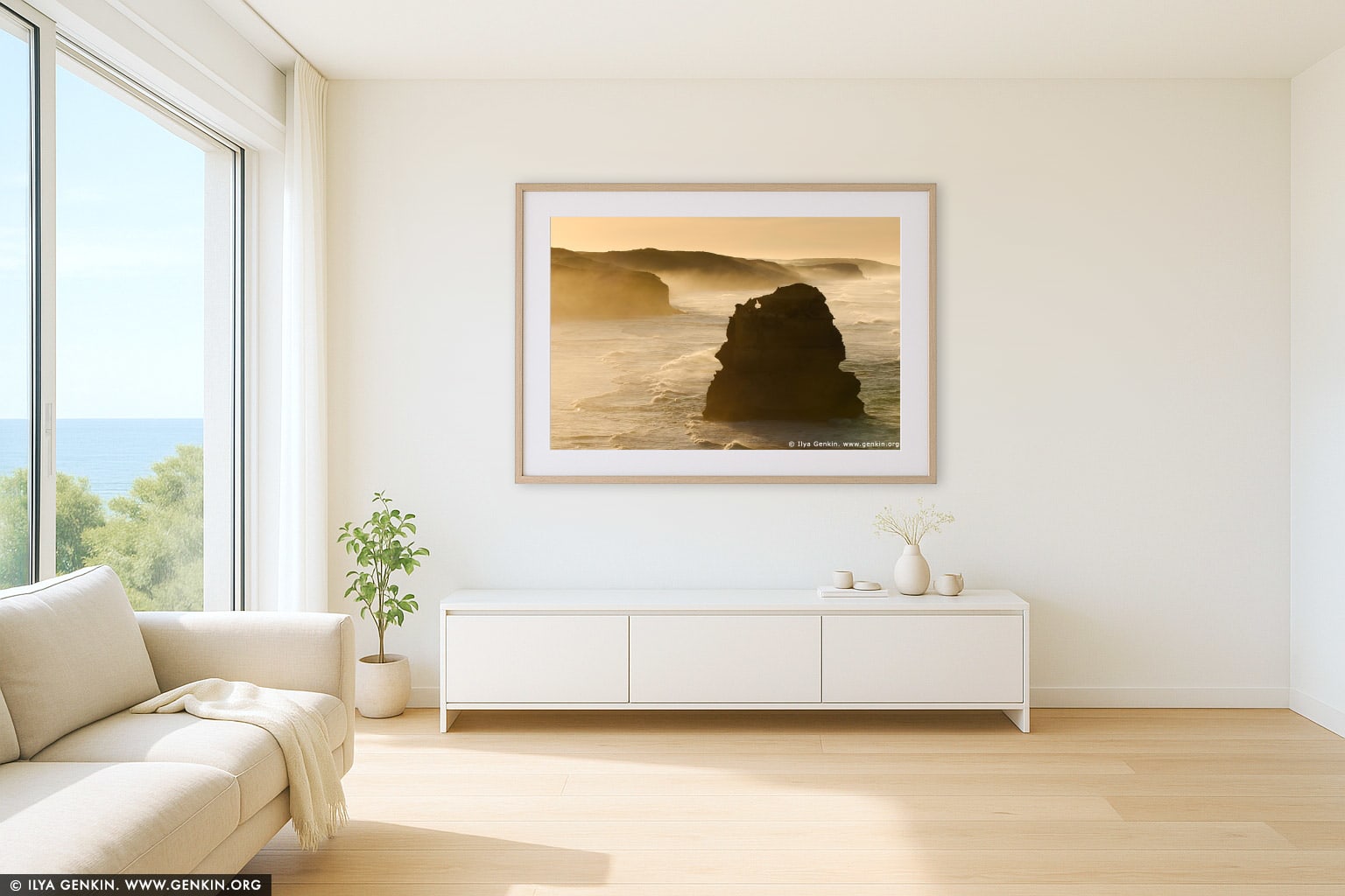 Early Morning Mist at Twelve Apostles wall art in a modern living room interior
