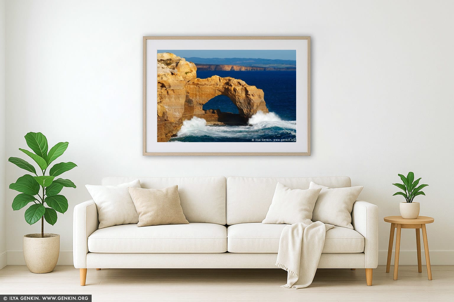 The Arch at Sunset wall art in a minimalist living room interior