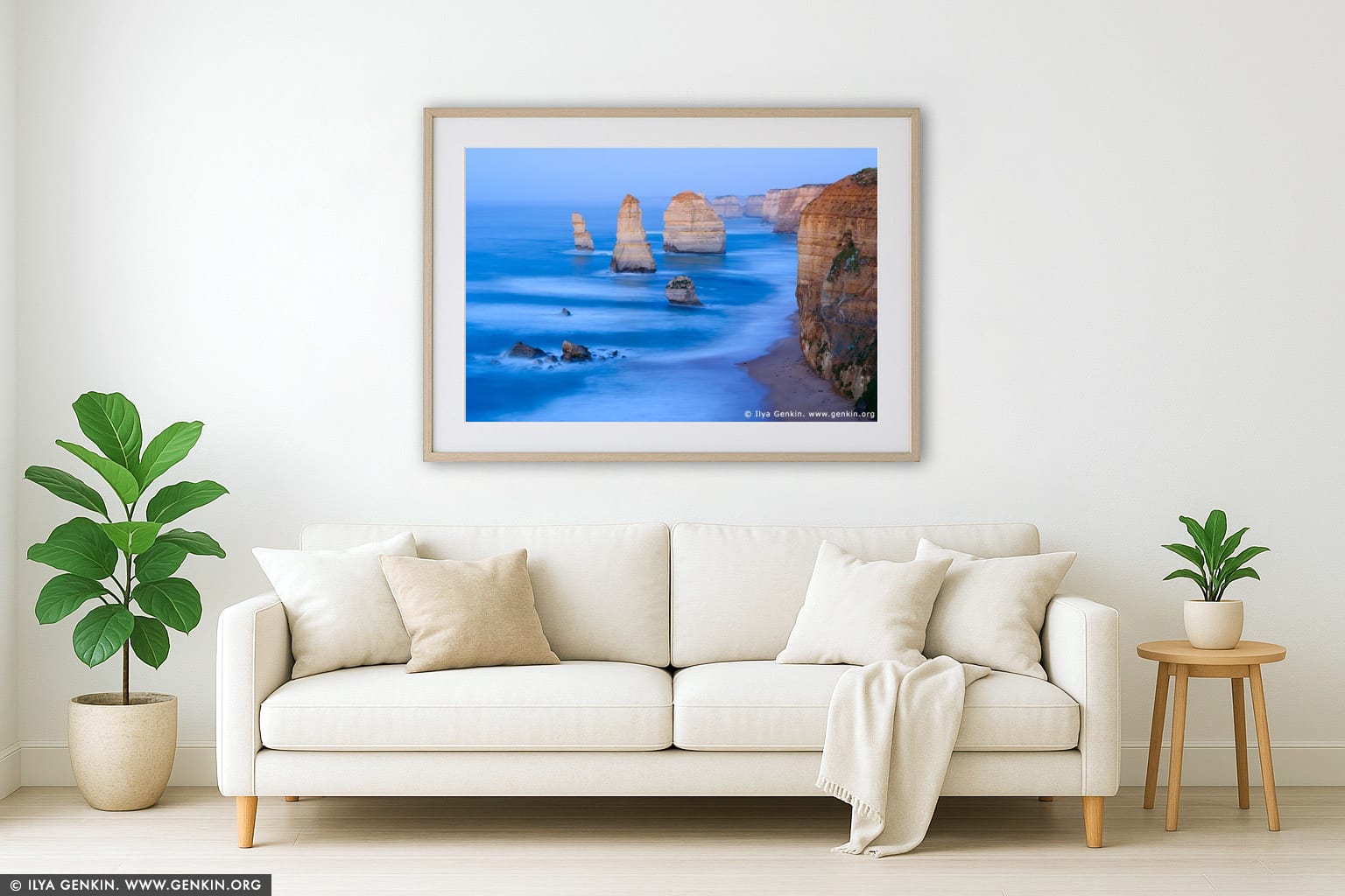 The Twelve Apostles Before Sunrise wall art in a minimalist living room interior