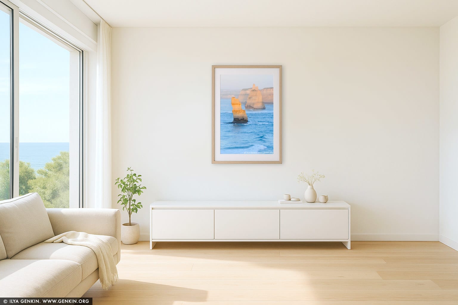 The Twelve Apostles at Sunrise wall art in a minimalist living room interior