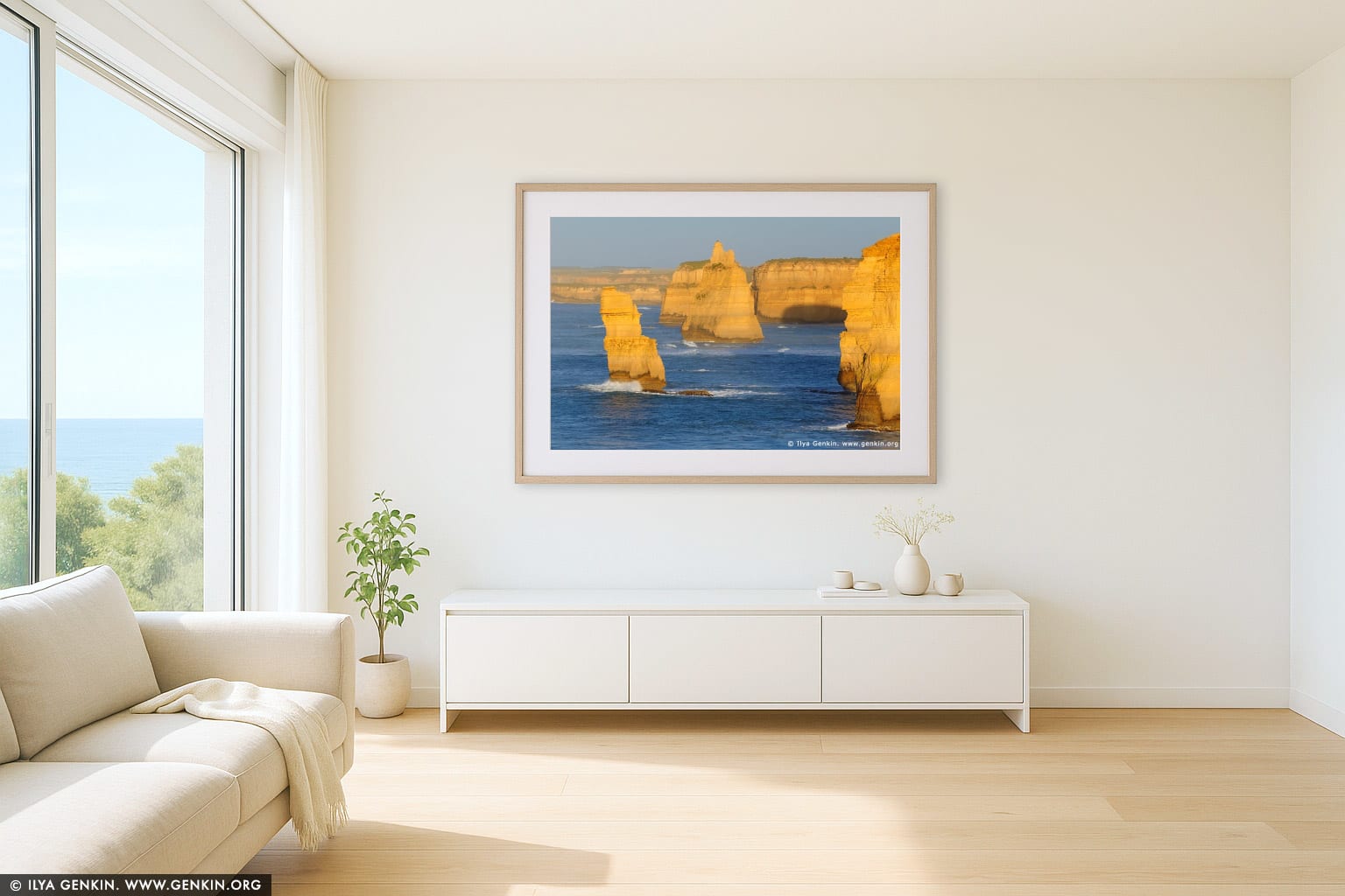 The Twelve Apostles at Sunrise wall art in a modern living room interior