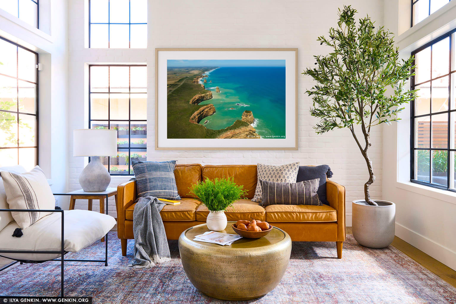 Rugged Coastline. Aerial View wall art in a minimalist living room interior